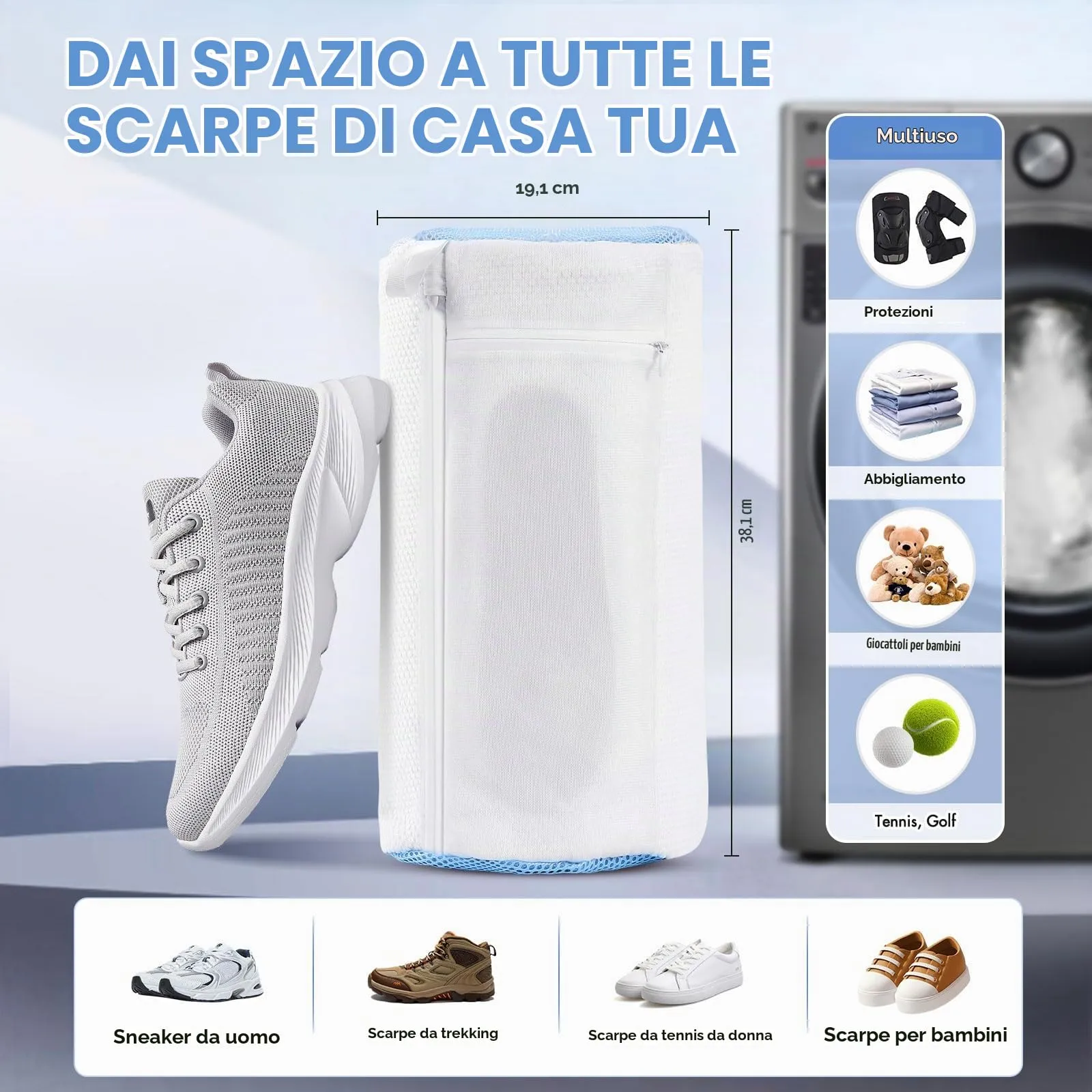 Teletrogy 2 Pezzi Sacchetti Scarpe Lavatrice Con Tendiscarpe Regolabili, Pulizia A 360° Tutto Campo, Riutilizzabile E Anti-Deformazione Per Lava Scarpe Lavatrice Con Cerniera Nascosta, Bianco - immagine 6