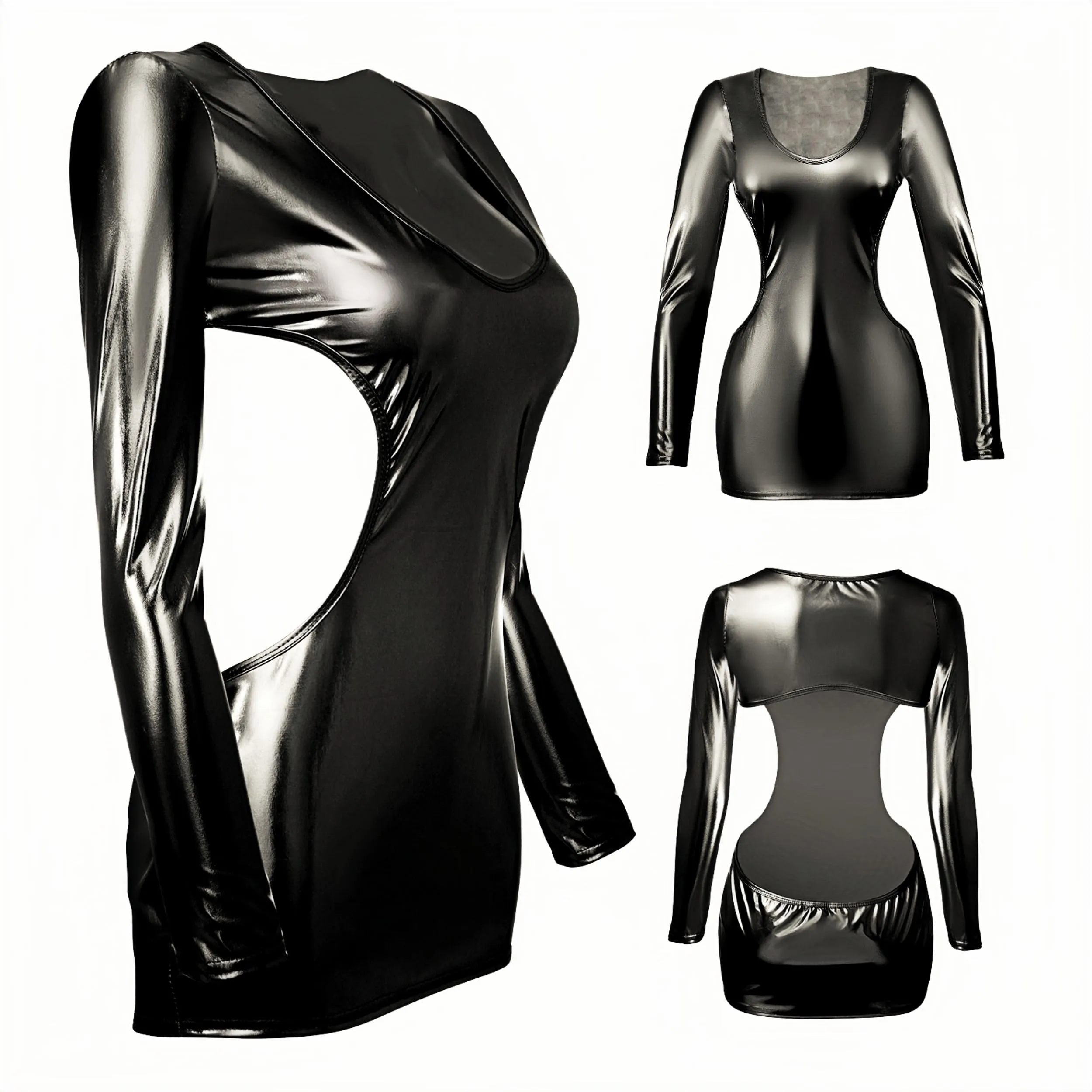 ROSVAJFY Abito in Pelle Lucida da Donna, Sexy Abito Wetlook da Donna, Abito Senza Schienale Sexy, Lingerie da Donna, Party Mini Abito da Donna, 3 Colori - immagine 6