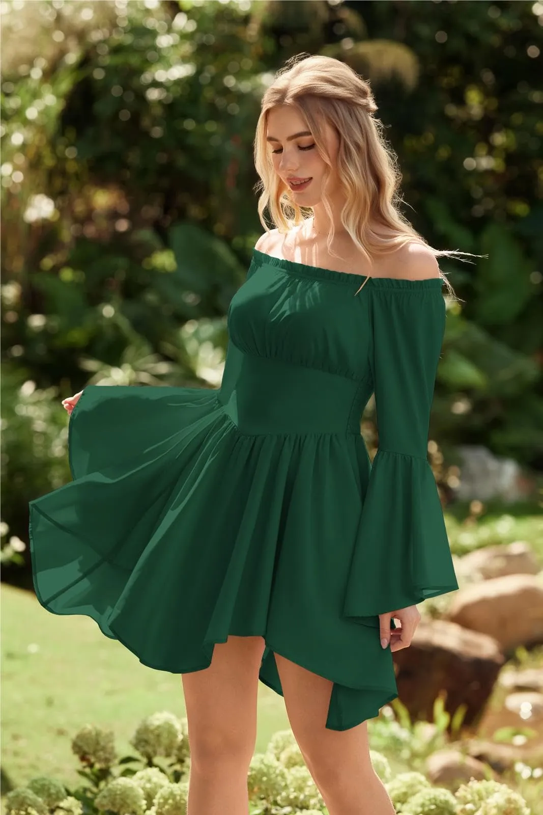 SCARLET DARKNESS Abito da pirata da donna, spalle scoperte, maniche a campana, stile rinascimentale, verde scuro, M - immagine 2