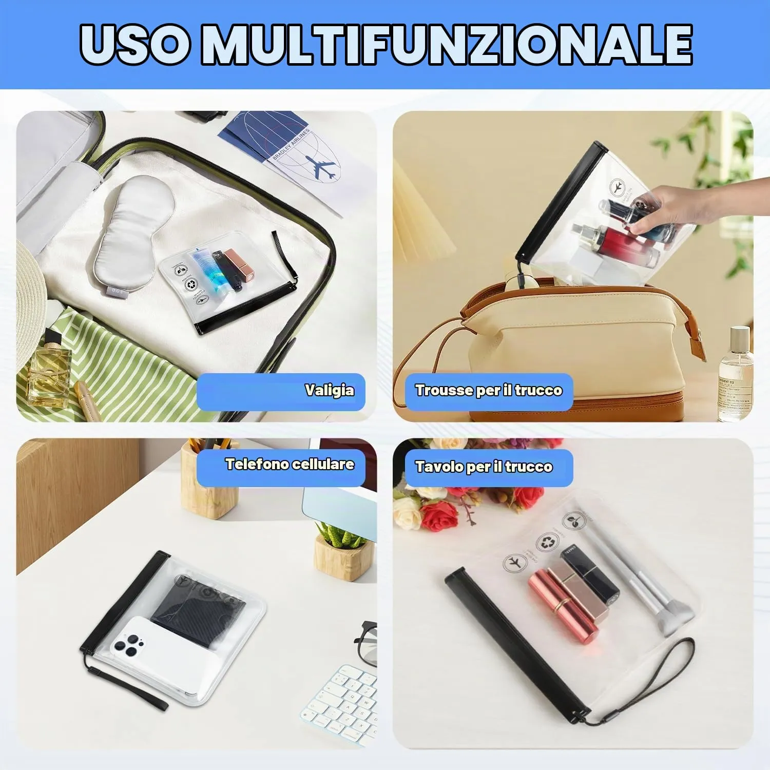 Sacchetti per Valigia da Viaggio – Buste per Liquidi Aereo 20x20cm Trasparenti TSA, Busta Trasparente per Liquidi Aereo Impermeabile, Pochette Trasparente da Viaggio Porta Liquidi - immagine 6