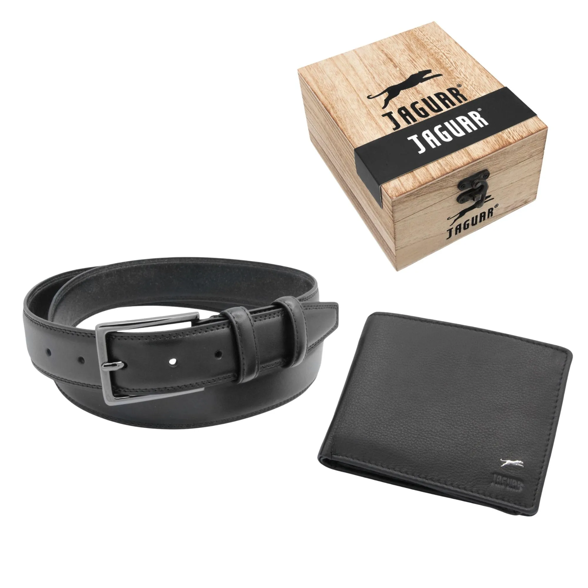 JAGUAR Regalo Uomo Cofanetto Portafoglio Uomo in Pelle Nera con Protezione RFID e Cinta in Pelle Firmati, Idea Regalo Originale Compleanno con Cofanetto in Legno con Marchio, Cintura da 125cm - immagine 1