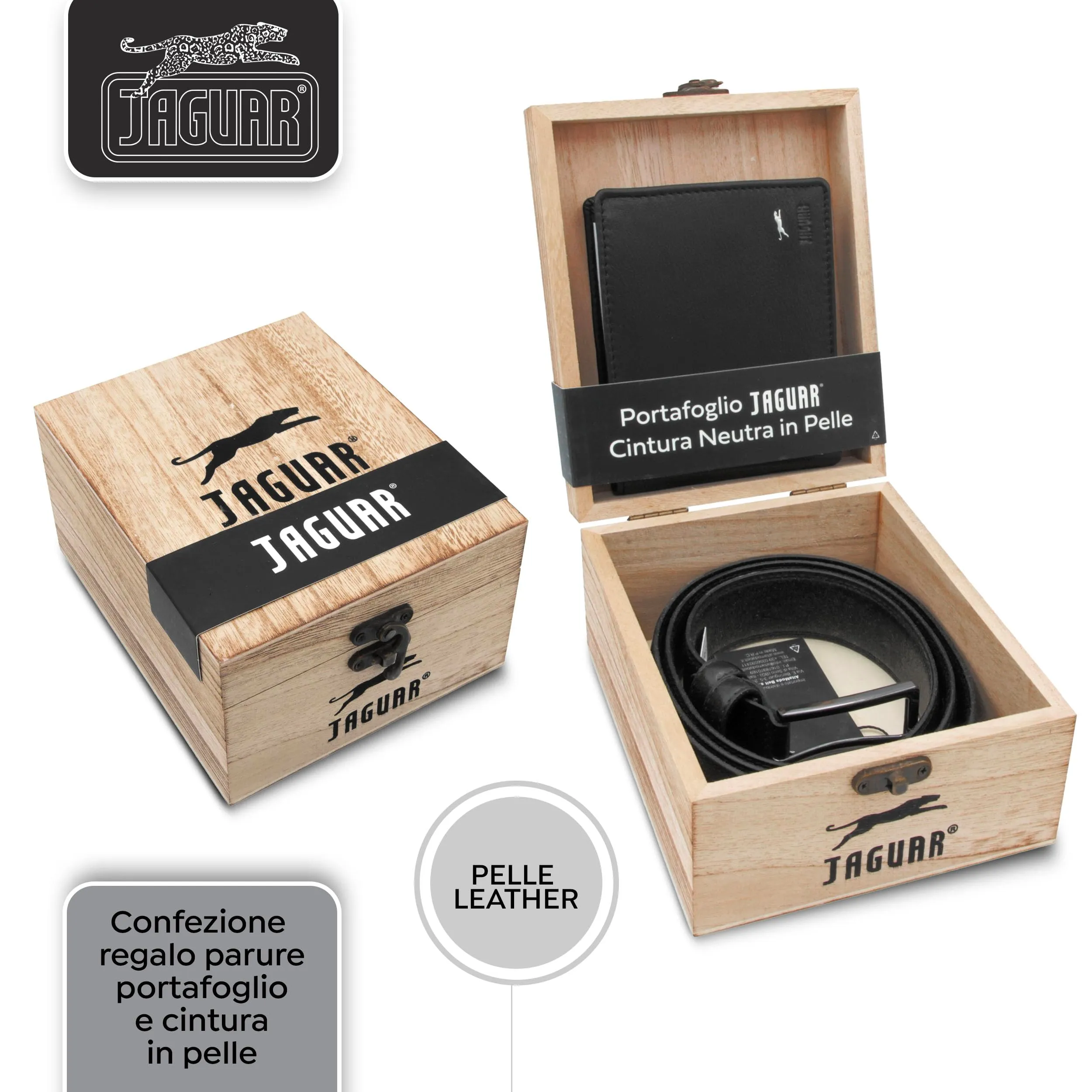 JAGUAR Regalo Uomo Cofanetto Portafoglio Uomo in Pelle Nera con Protezione RFID e Cinta in Pelle Firmati, Idea Regalo Originale Compleanno con Cofanetto in Legno con Marchio, Cintura da 125cm - immagine 2