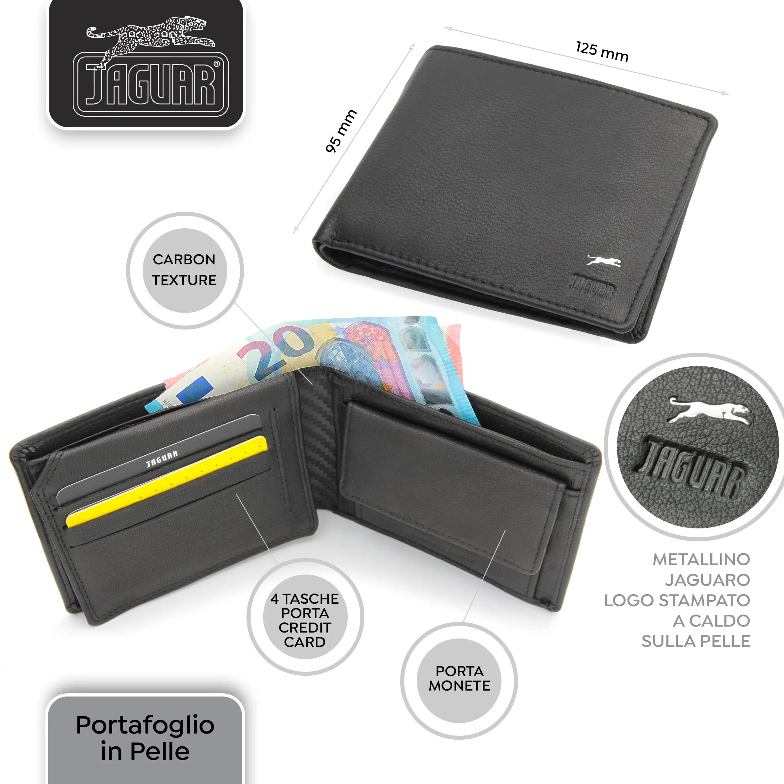 JAGUAR Regalo Uomo Cofanetto Portafoglio Uomo in Pelle Nera con Protezione RFID e Cinta in Pelle Firmati, Idea Regalo Originale Compleanno con Cofanetto in Legno con Marchio, Cintura da 125cm - immagine 5