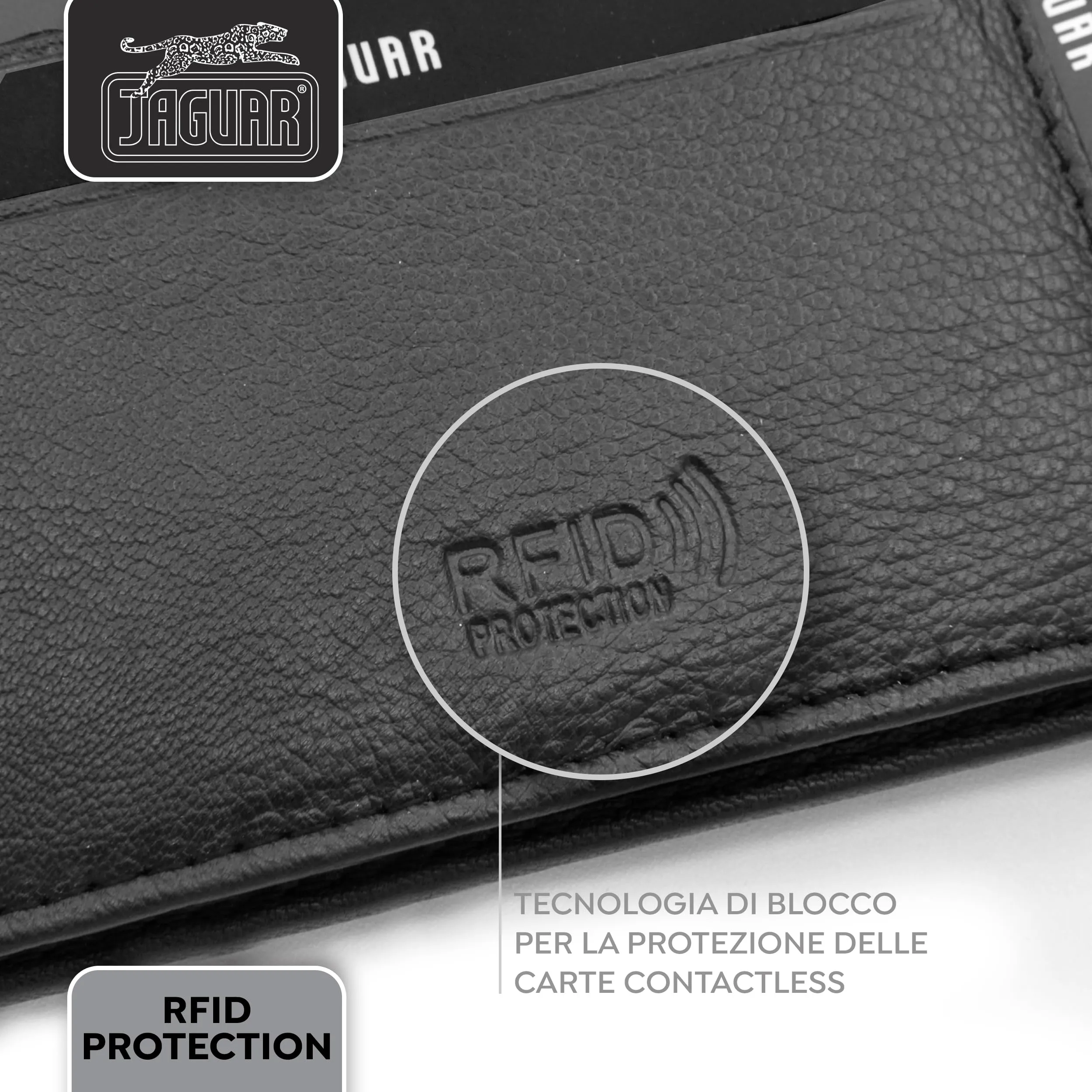 JAGUAR Regalo Uomo Cofanetto Portafoglio Uomo in Pelle Nera con Protezione RFID e Cinta in Pelle Firmati, Idea Regalo Originale Compleanno con Cofanetto in Legno con Marchio, Cintura da 125cm - immagine 8