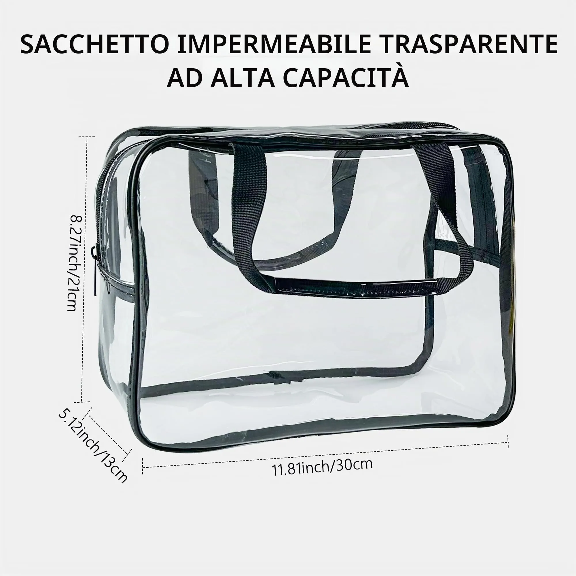 TotePrint Borsa in vinile impermeabile trasparente trucco impermeabile spalla Tote Bag 11.8'' ×5.12'' ×8.26'', Manico trasparente + nero, 30*21*13cm, Minimalista - immagine 2