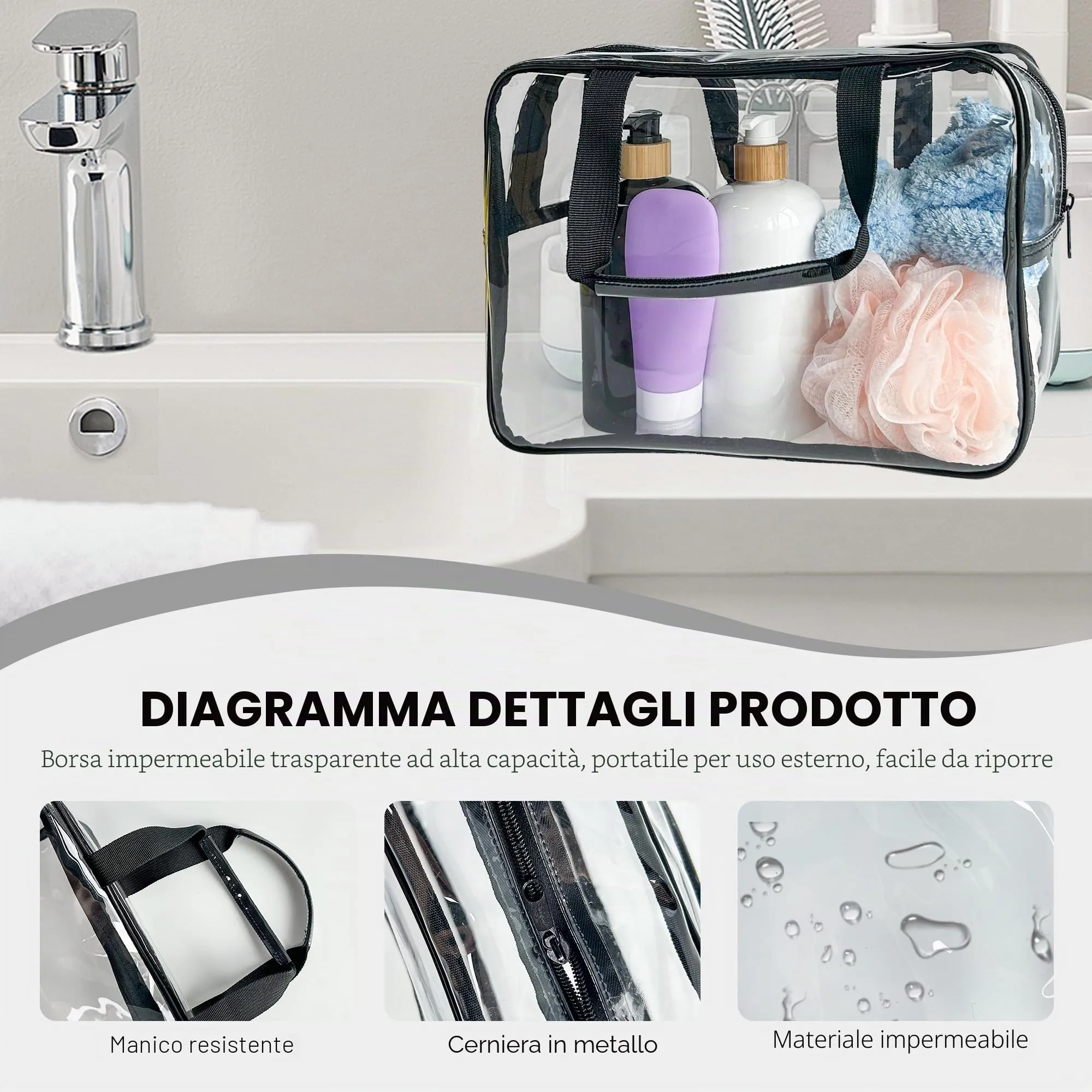 TotePrint Borsa in vinile impermeabile trasparente trucco impermeabile spalla Tote Bag 11.8'' ×5.12'' ×8.26'', Manico trasparente + nero, 30*21*13cm, Minimalista - immagine 3
