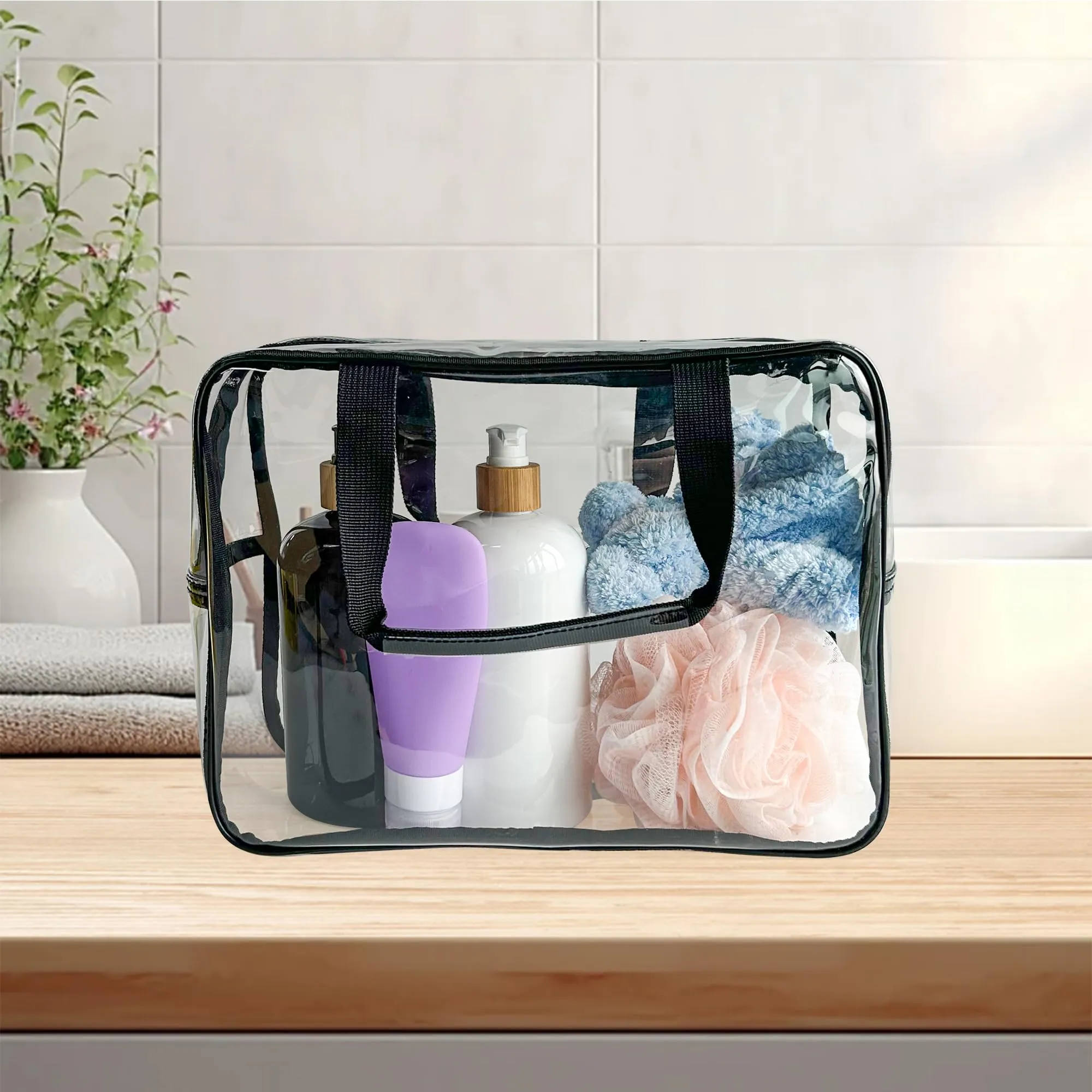TotePrint Borsa in vinile impermeabile trasparente trucco impermeabile spalla Tote Bag 11.8'' ×5.12'' ×8.26'', Manico trasparente + nero, 30*21*13cm, Minimalista - immagine 4