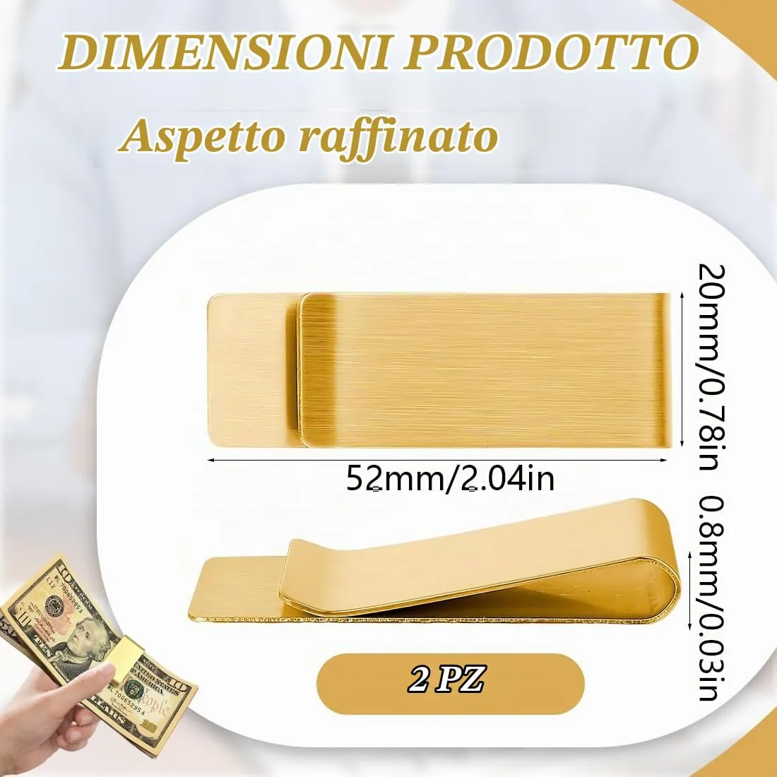GNALIA Fermasoldi Uomo In Acciaio Inox Dorato, Clip Metallica Per Banconote E Carte Di Credito, Dimensioni 5Cm X 2.6Cm, 2 Pezzi, Per Contanti E Documenti - immagine 2