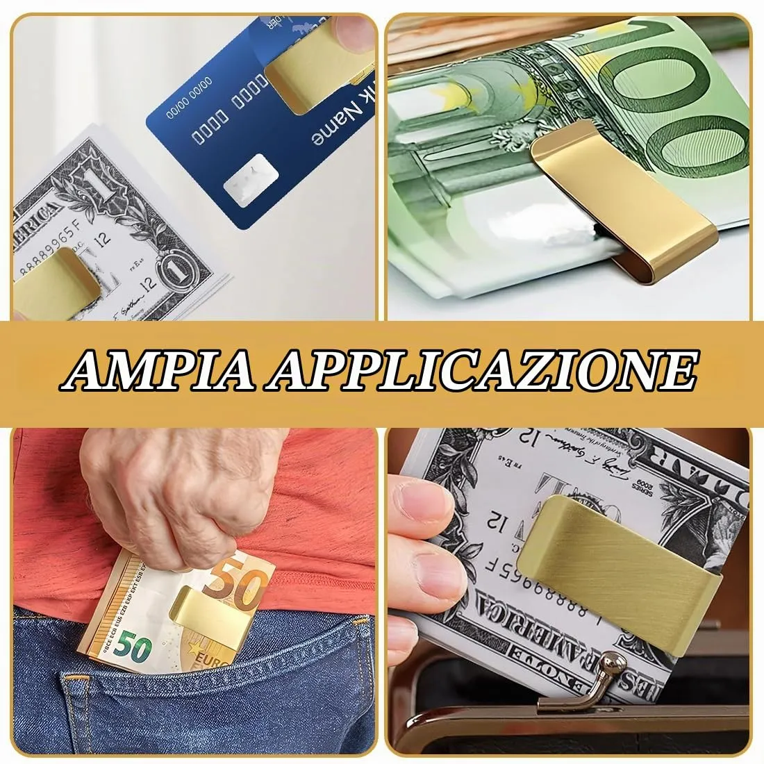 GNALIA Fermasoldi Uomo In Acciaio Inox Dorato, Clip Metallica Per Banconote E Carte Di Credito, Dimensioni 5Cm X 2.6Cm, 2 Pezzi, Per Contanti E Documenti - immagine 6