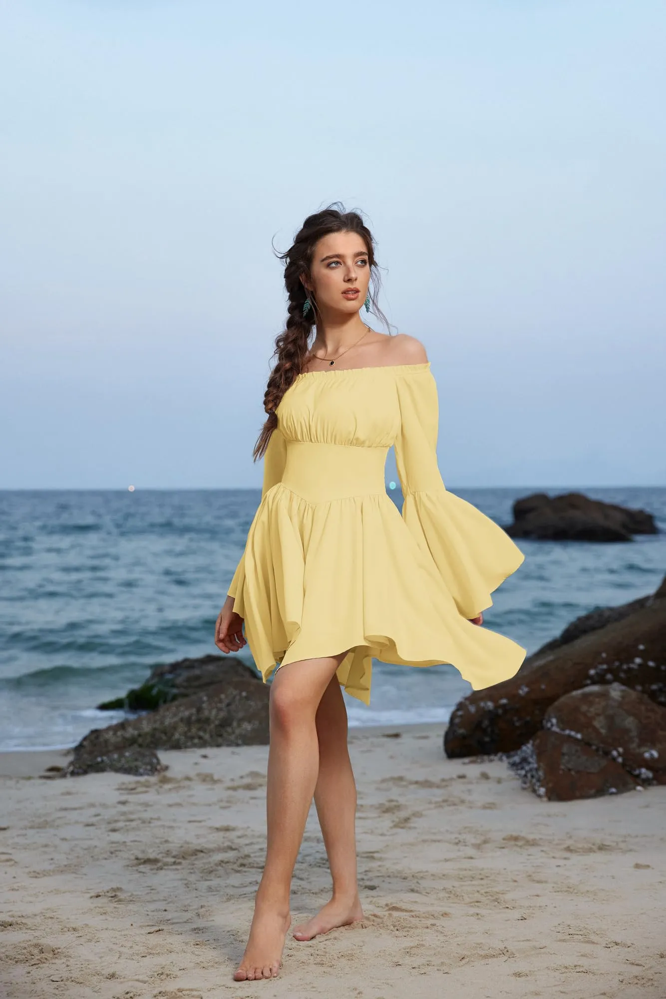 SCARLET DARKNESS Abito medievale da donna rinascimentale con spalle scoperte a maniche lunghe con orlo irregolare, giallo chiaro, XXL - immagine 3