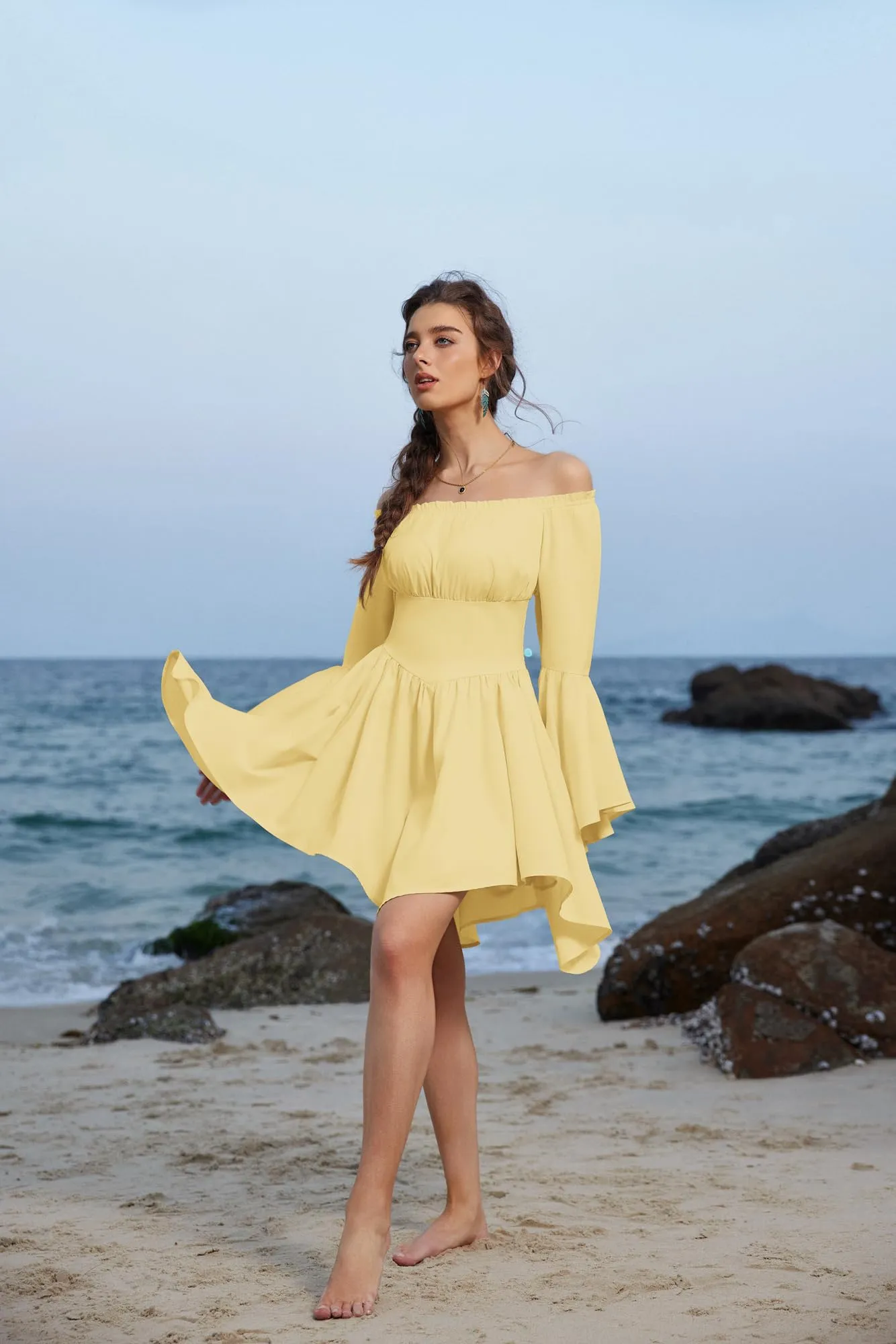SCARLET DARKNESS Abito medievale da donna rinascimentale con spalle scoperte a maniche lunghe con orlo irregolare, giallo chiaro, XXL - immagine 4
