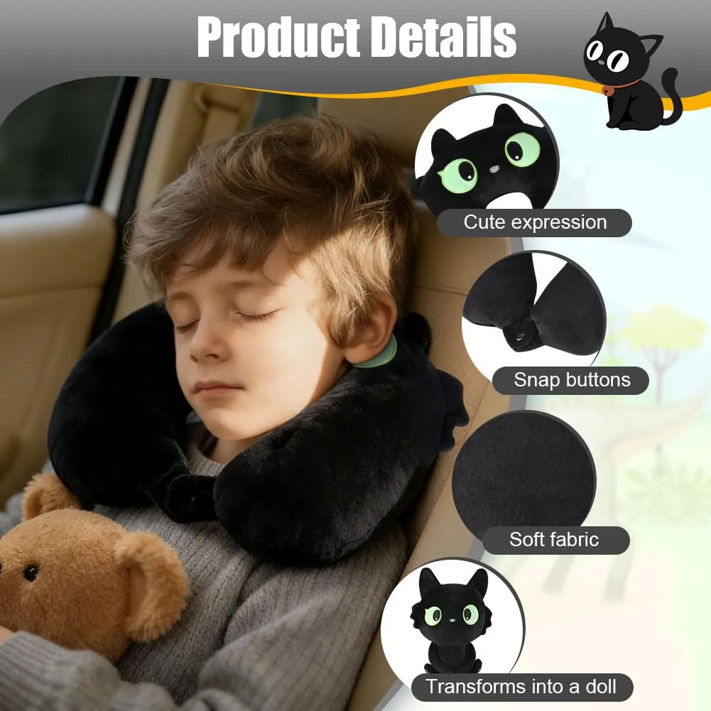Alaoo Cuscino da Viaggio per Bambini,Cuscino deformabile a forma Gatto Nero - immagine 3