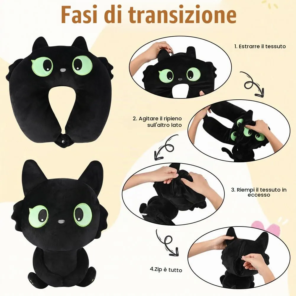 Alaoo Cuscino da Viaggio per Bambini,Cuscino deformabile a forma Gatto Nero - immagine 4
