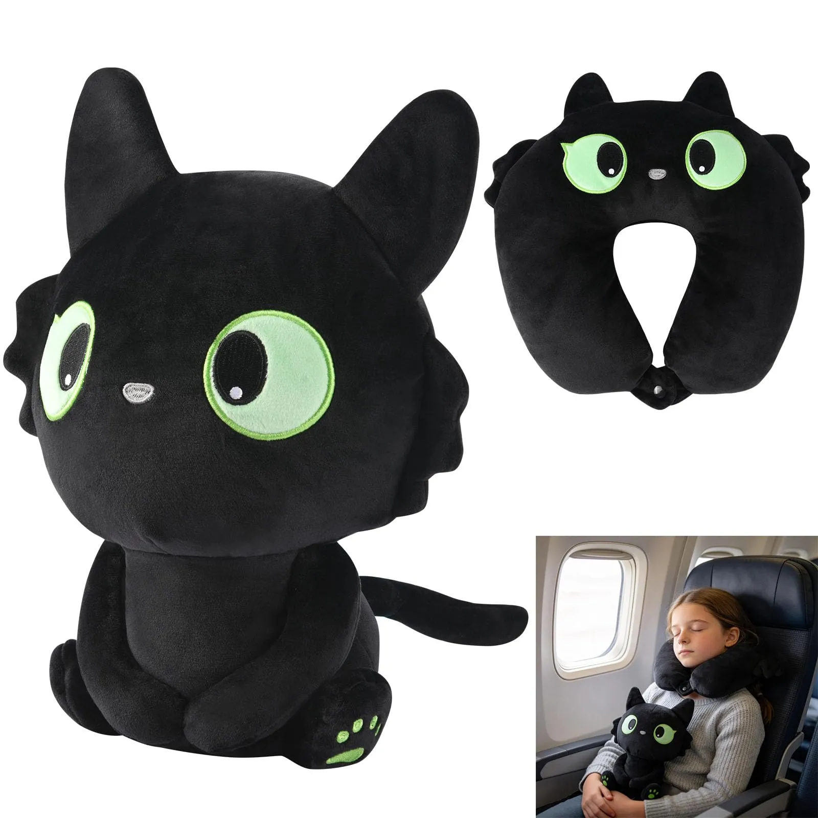 Alaoo Cuscino da Viaggio per Bambini,Cuscino deformabile a forma Gatto Nero - immagine 9