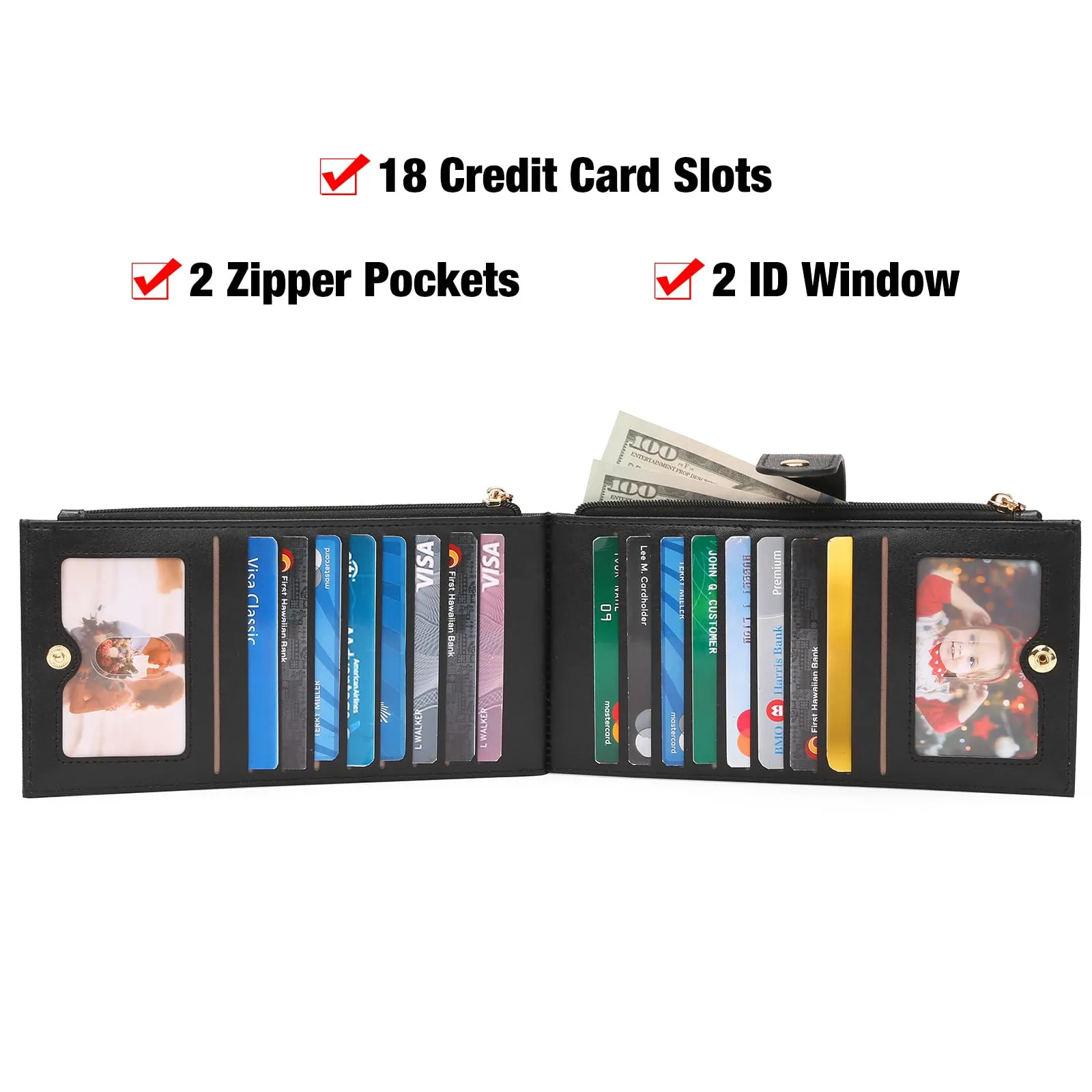 GOIACII Portafogli da donna con blocco RFID, grande, da viaggio, con porta carte di credito, A08 Nero, 19 x 10.5 x 2 cm (7.48 x 4.13 x 0.79 inch), Classico - immagine 2
