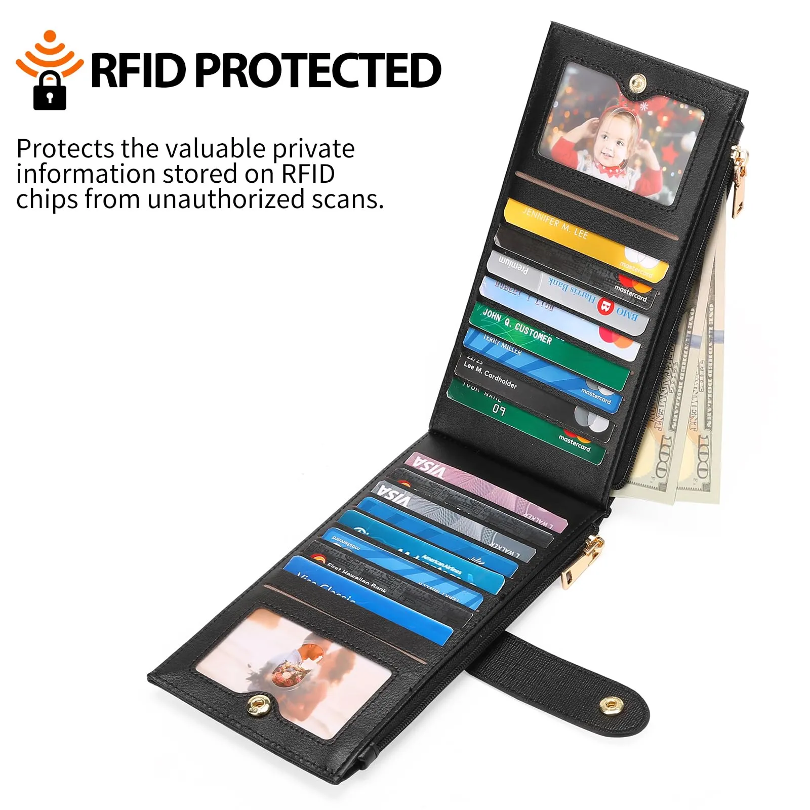 GOIACII Portafogli da donna con blocco RFID, grande, da viaggio, con porta carte di credito, A08 Nero, 19 x 10.5 x 2 cm (7.48 x 4.13 x 0.79 inch), Classico - immagine 3