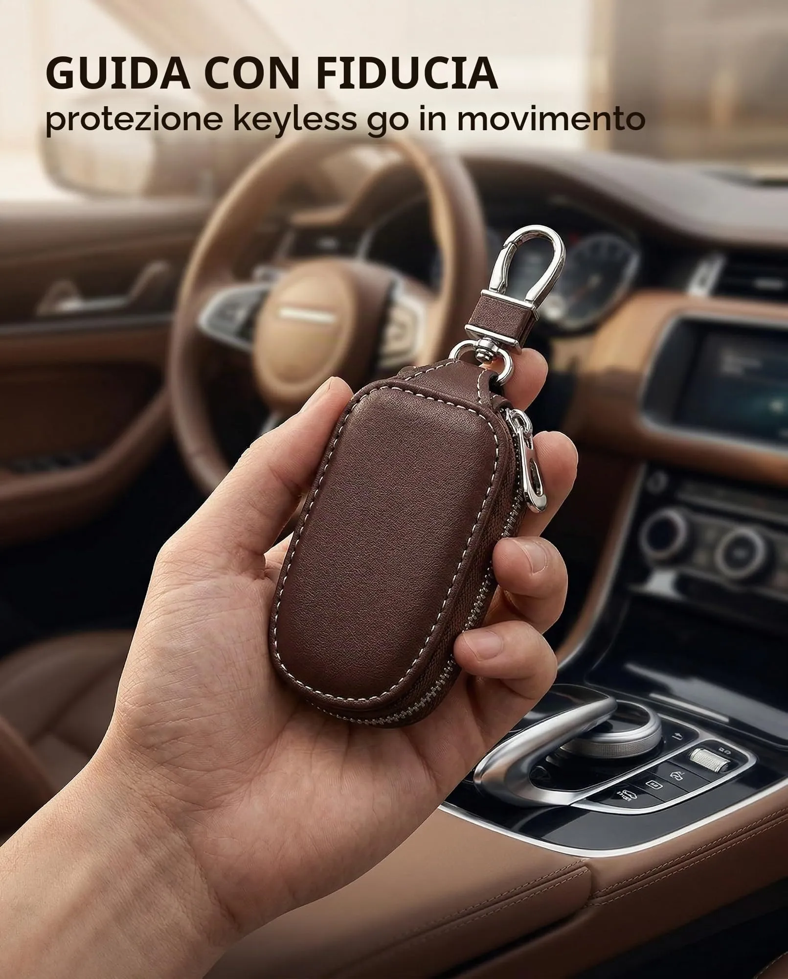 KAHZOR 1 Pezzo Portachiavi Auto in Pelle, Custodia con Cerniera Antifurto, Universale Uomo per Organizzazione e Protezione Chiavi, Caffè - immagine 2