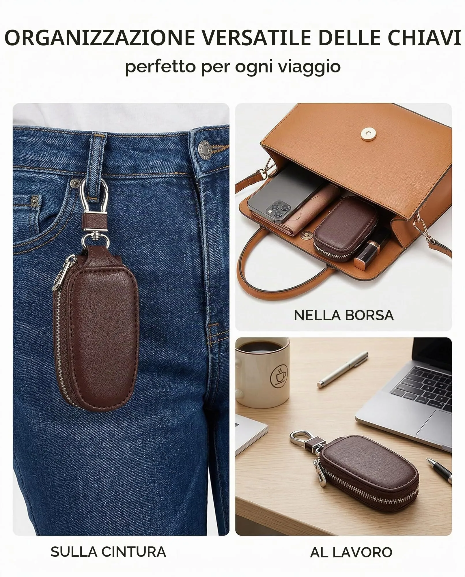 KAHZOR 1 Pezzo Portachiavi Auto in Pelle, Custodia con Cerniera Antifurto, Universale Uomo per Organizzazione e Protezione Chiavi, Caffè - immagine 3