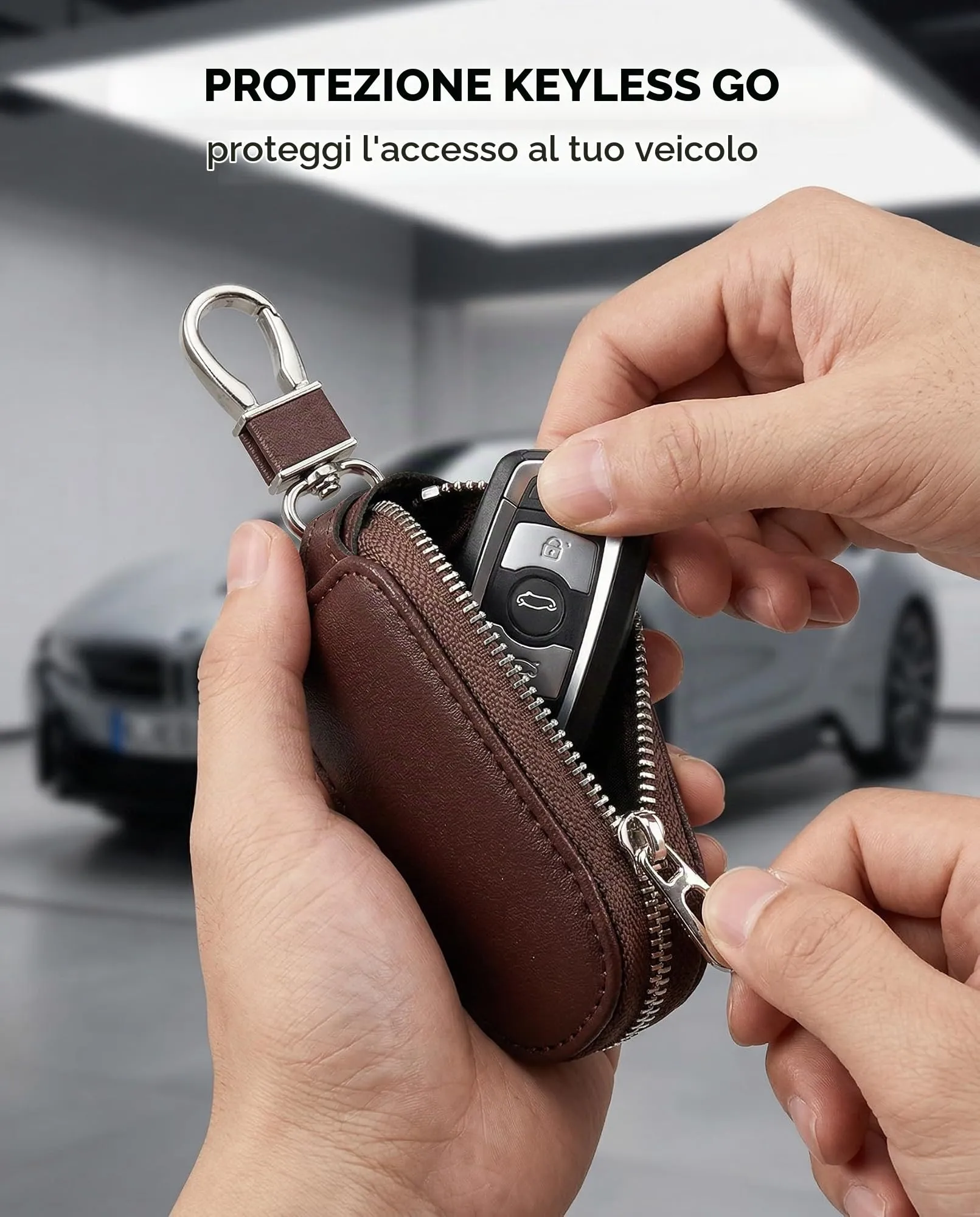 KAHZOR 1 Pezzo Portachiavi Auto in Pelle, Custodia con Cerniera Antifurto, Universale Uomo per Organizzazione e Protezione Chiavi, Caffè - immagine 4