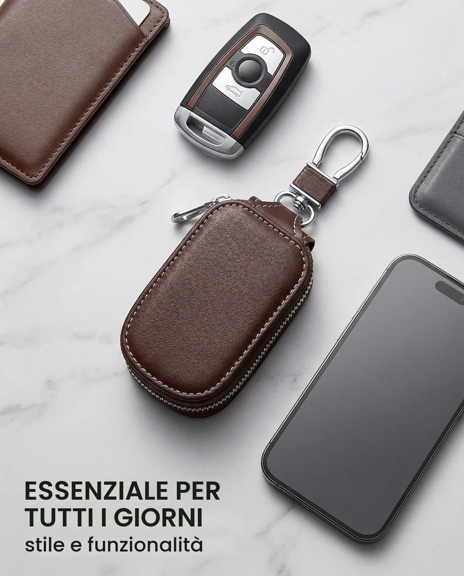 KAHZOR 1 Pezzo Portachiavi Auto in Pelle, Custodia con Cerniera Antifurto, Universale Uomo per Organizzazione e Protezione Chiavi, Caffè - immagine 6