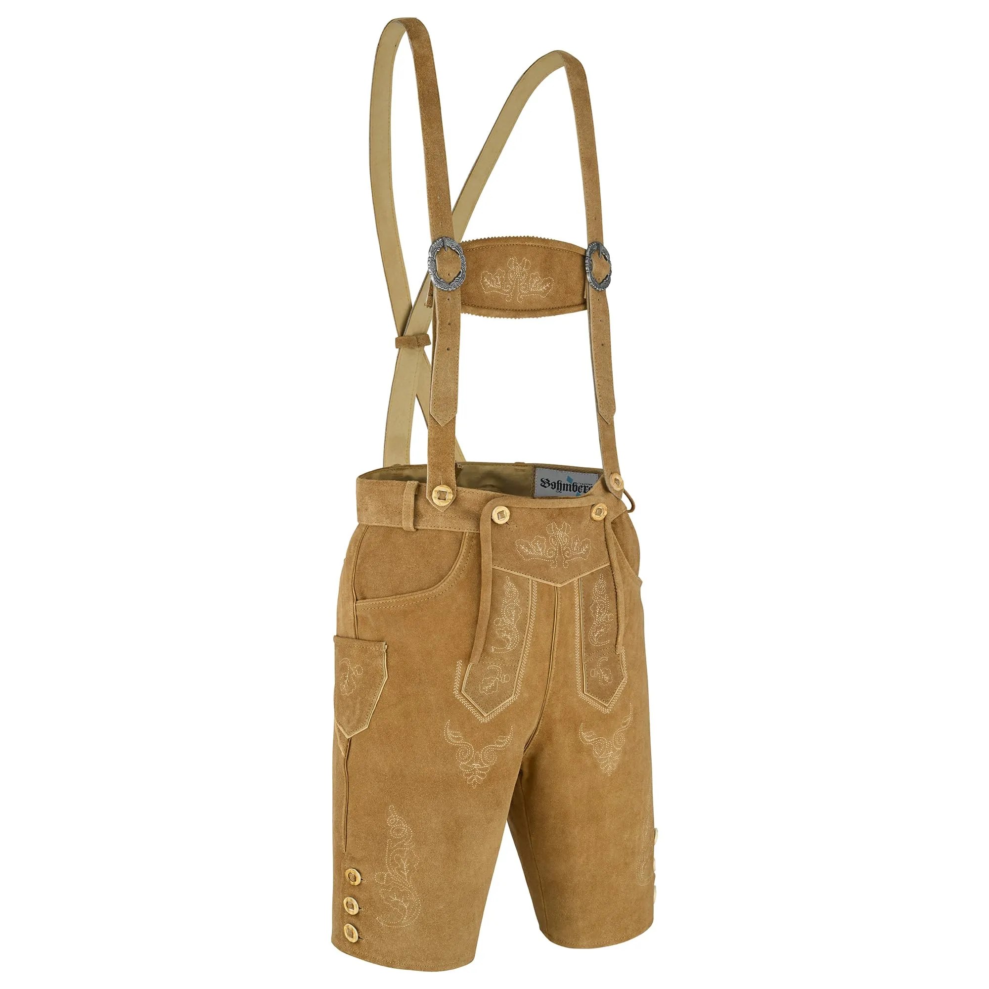 Bohmberg Pantaloni di Pelle bavaresi Corti Uomo con abbottonatura Laterale, Marrone Chiaro, Taglia 52 - immagine 3