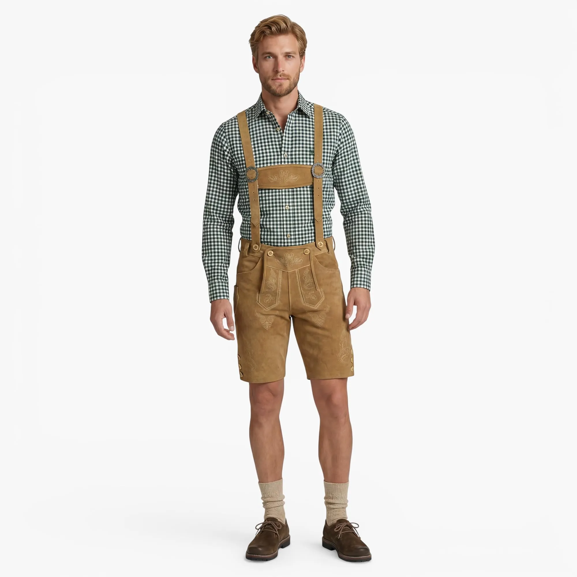 Bohmberg Pantaloni di Pelle bavaresi Corti Uomo con abbottonatura Laterale, Marrone Chiaro, Taglia 54 - immagine 2