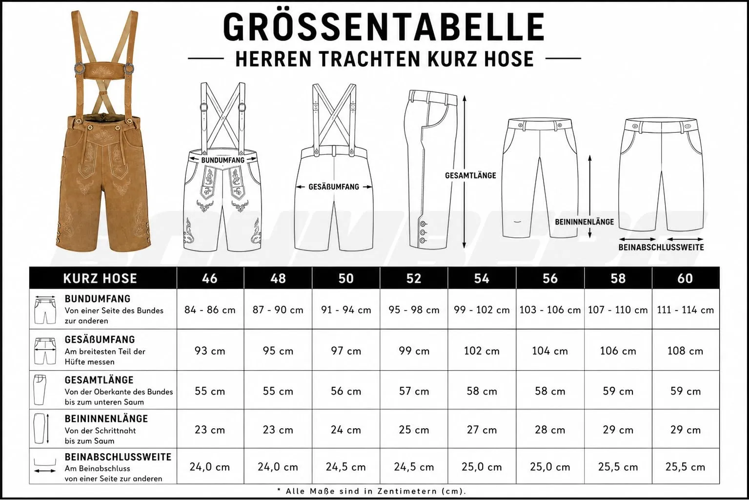 Bohmberg Pantaloni di Pelle bavaresi Corti Uomo con abbottonatura Laterale, Marrone Chiaro, Taglia 54 - immagine 9