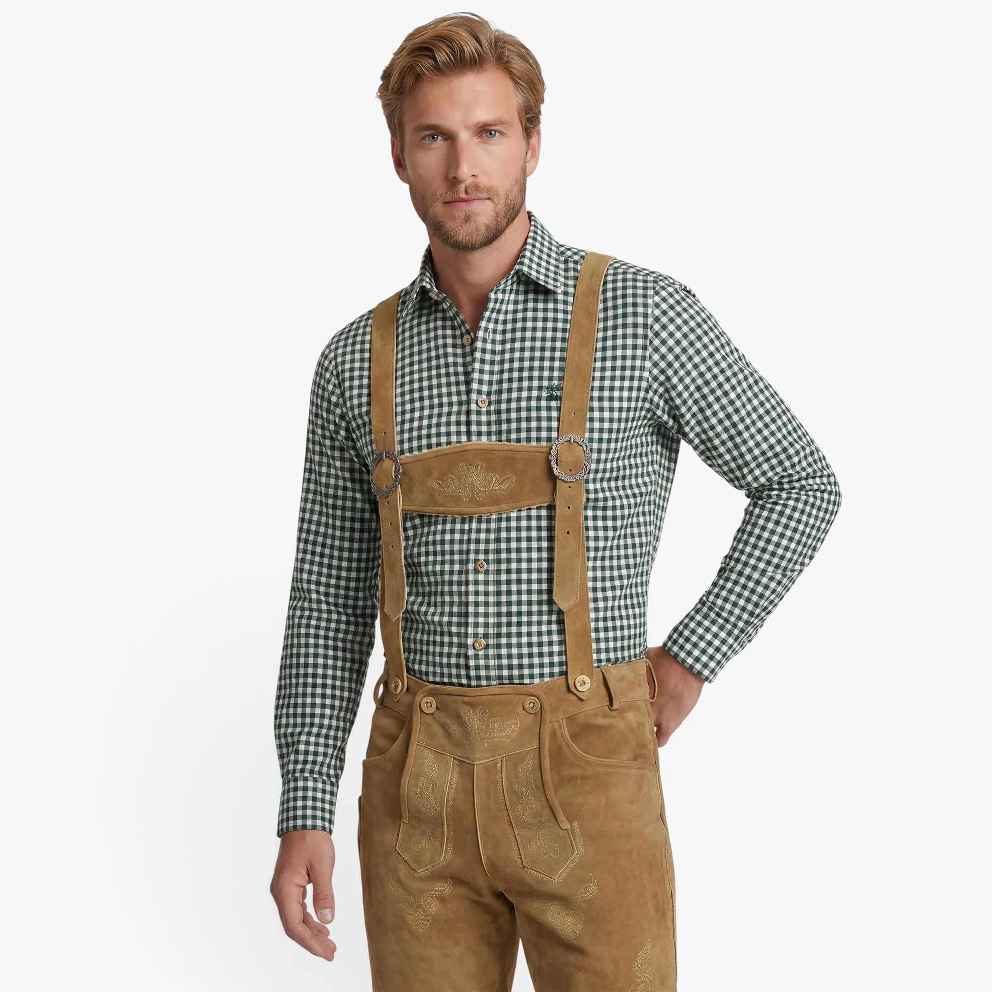 Bohmberg Pantaloni di Pelle bavaresi Corti Uomo con abbottonatura Laterale, Marrone Chiaro, Taglia 50 - immagine 7