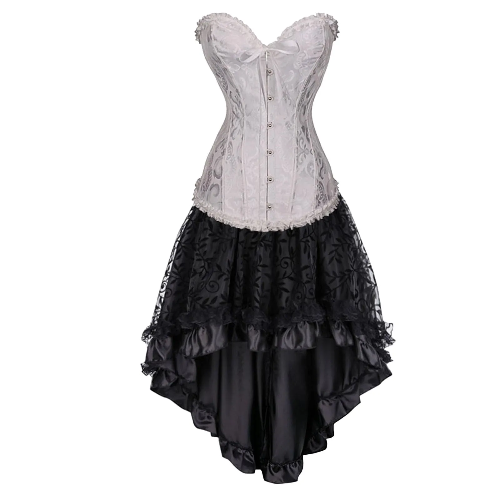 Generisch Corsetto da donna, set corsetto con fiori, gotico, mini abito burlesque con corsetto, gonna in tulle, per cosplay, Halloween, feste, balli, abito estivo, bianco, XL - immagine 2