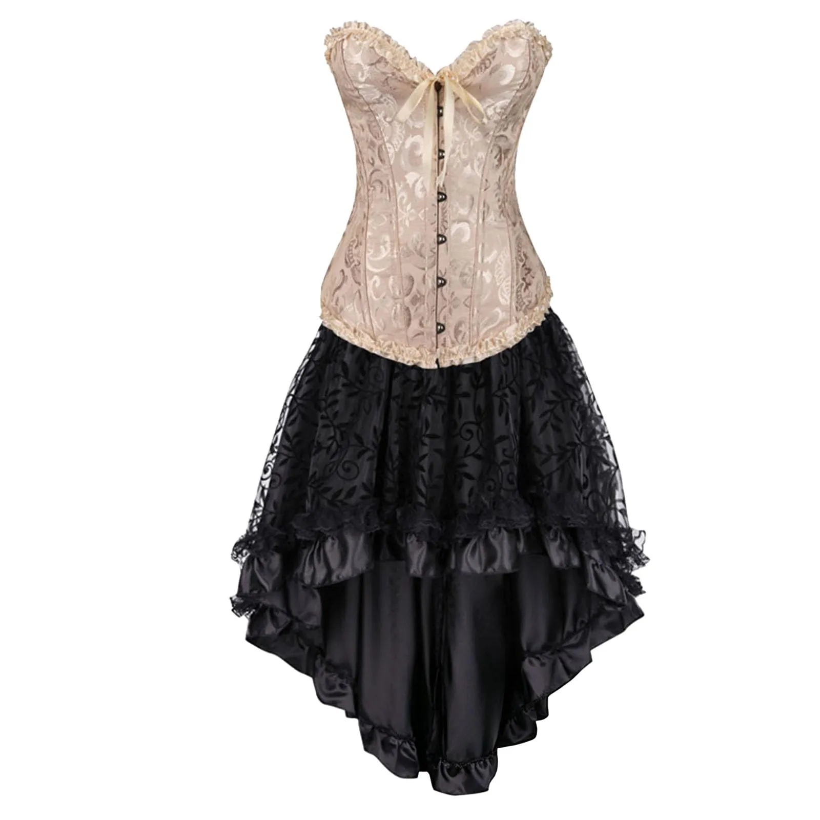 Generisch Corsetto da donna, set corsetto con fiori, gotico, mini abito burlesque con corsetto, gonna in tulle, per cosplay, Halloween, feste, balli, abito estivo, beige., 5XL - immagine 2
