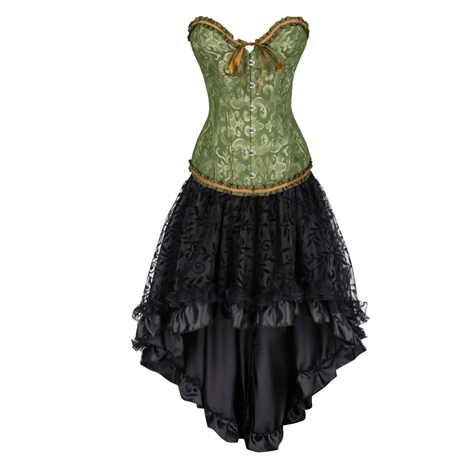 Generisch Corsetto da donna, set corsetto con fiori, gotico, mini abito burlesque con corsetto, gonna in tulle, per cosplay, Halloween, feste, balli, abito estivo, verde, L - immagine 2