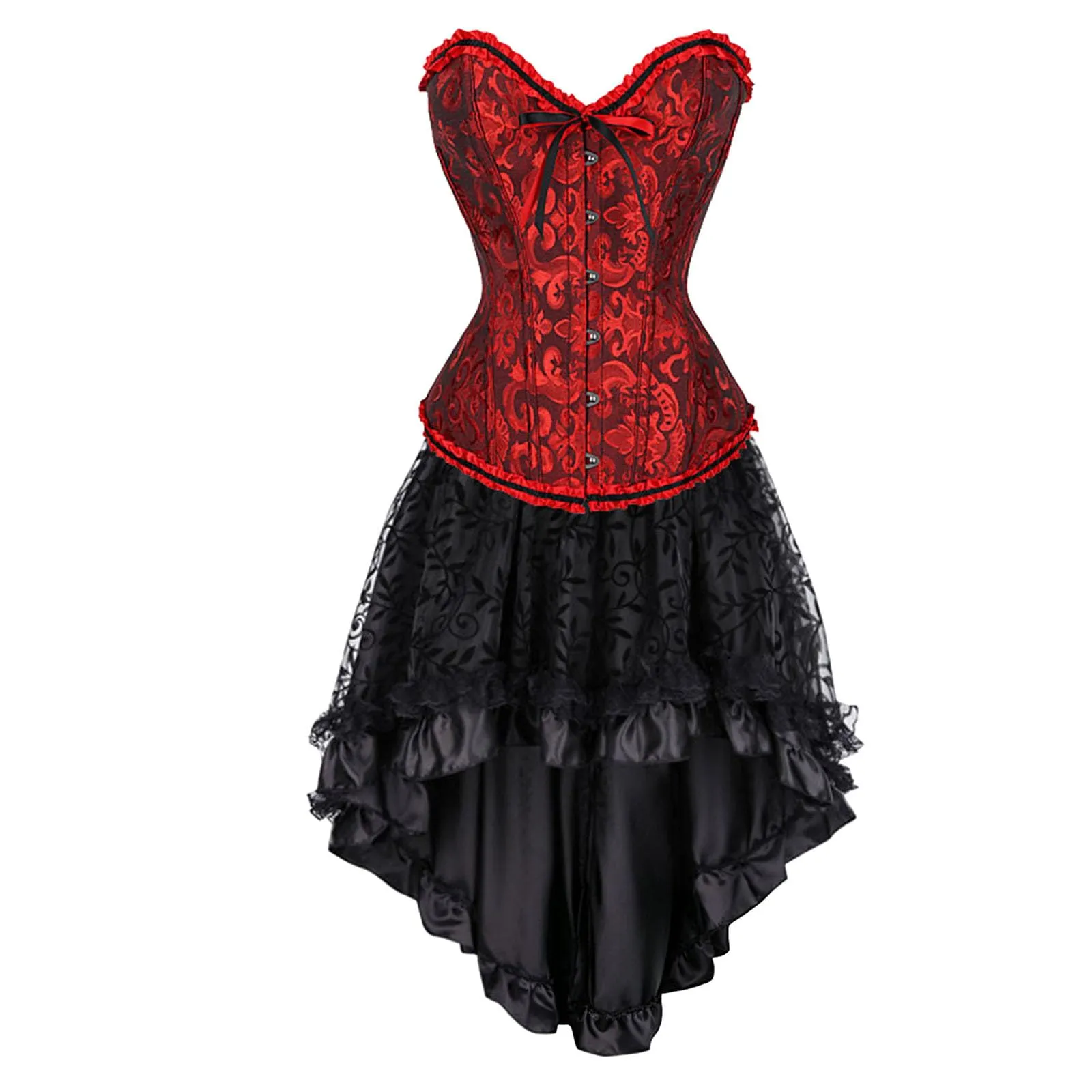 Generisch Corsetto da donna, set corsetto con fiori, gotico, mini abito burlesque con corsetto, gonna in tulle, per cosplay, Halloween, feste, balli, abito estivo, 02 nero, 5XL - immagine 2