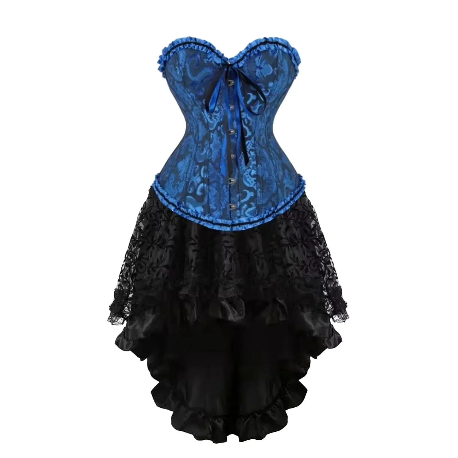 Generisch Corsetto da donna, set corsetto con fiori, gotico, mini abito burlesque con corsetto, gonna in tulle, per cosplay, Halloween, feste, balli, abito estivo, Blu, 6XL - immagine 1