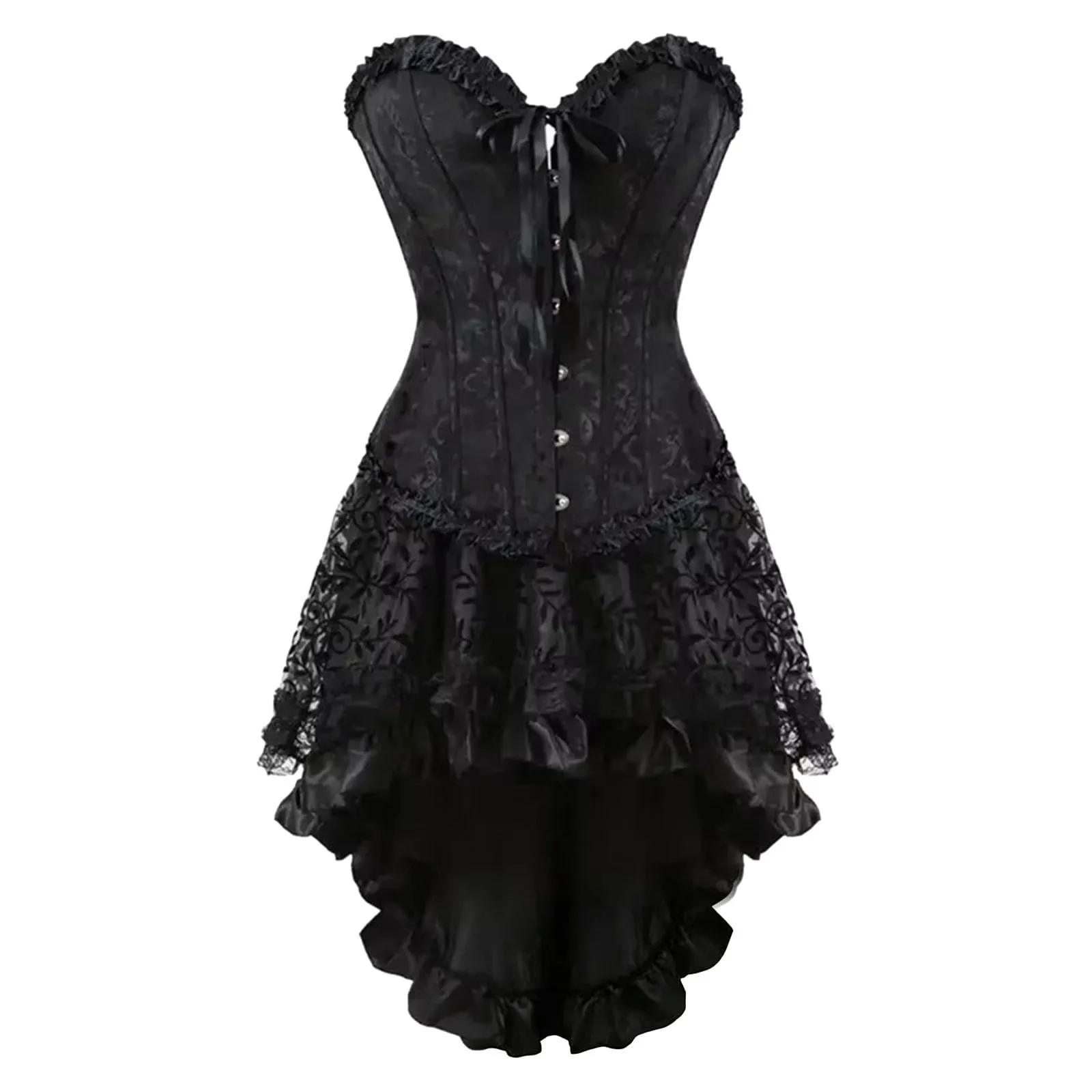 Generisch Corsetto da donna, set corsetto con fiori, gotico, mini abito burlesque con corsetto, gonna in tulle, per cosplay, Halloween, feste, balli, abito estivo, 01 nero, 3XL - immagine 2