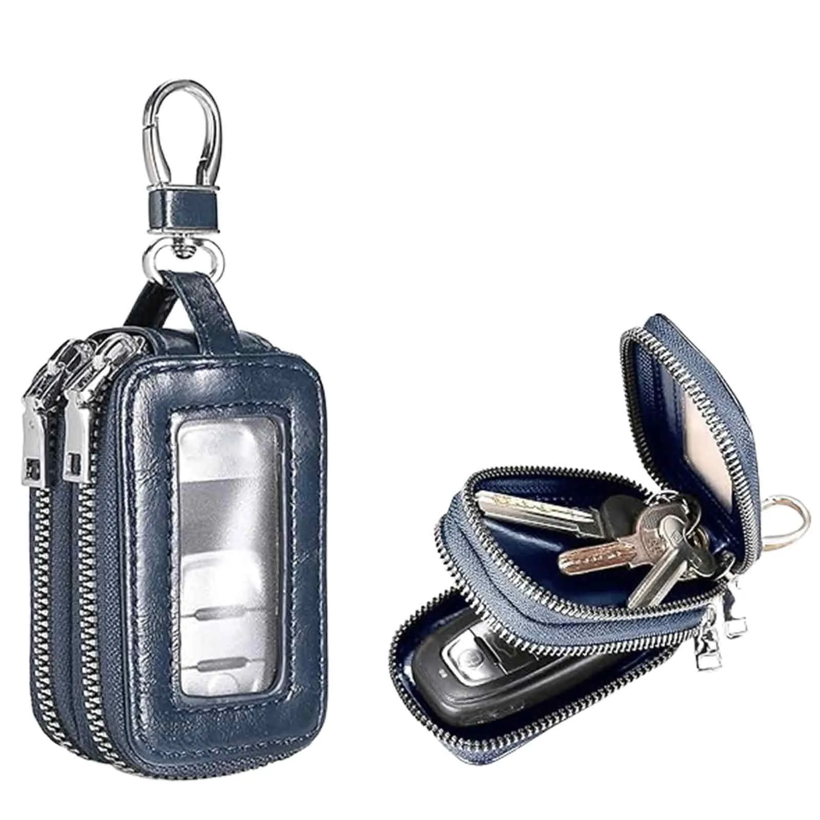 GWEOR Portachiavi in Pelle con Doppia Cerniera, Astuccio Portachiavi Auto per Uomo e Donna, Custodia Telecomando Cancello Universale con Gancio in Metallo, Blu Reale - immagine 1