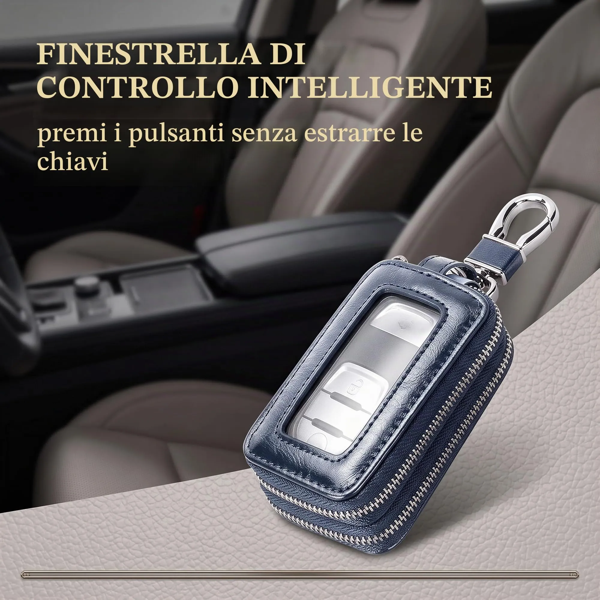 GWEOR Portachiavi in Pelle con Doppia Cerniera, Astuccio Portachiavi Auto per Uomo e Donna, Custodia Telecomando Cancello Universale con Gancio in Metallo, Blu Reale - immagine 2