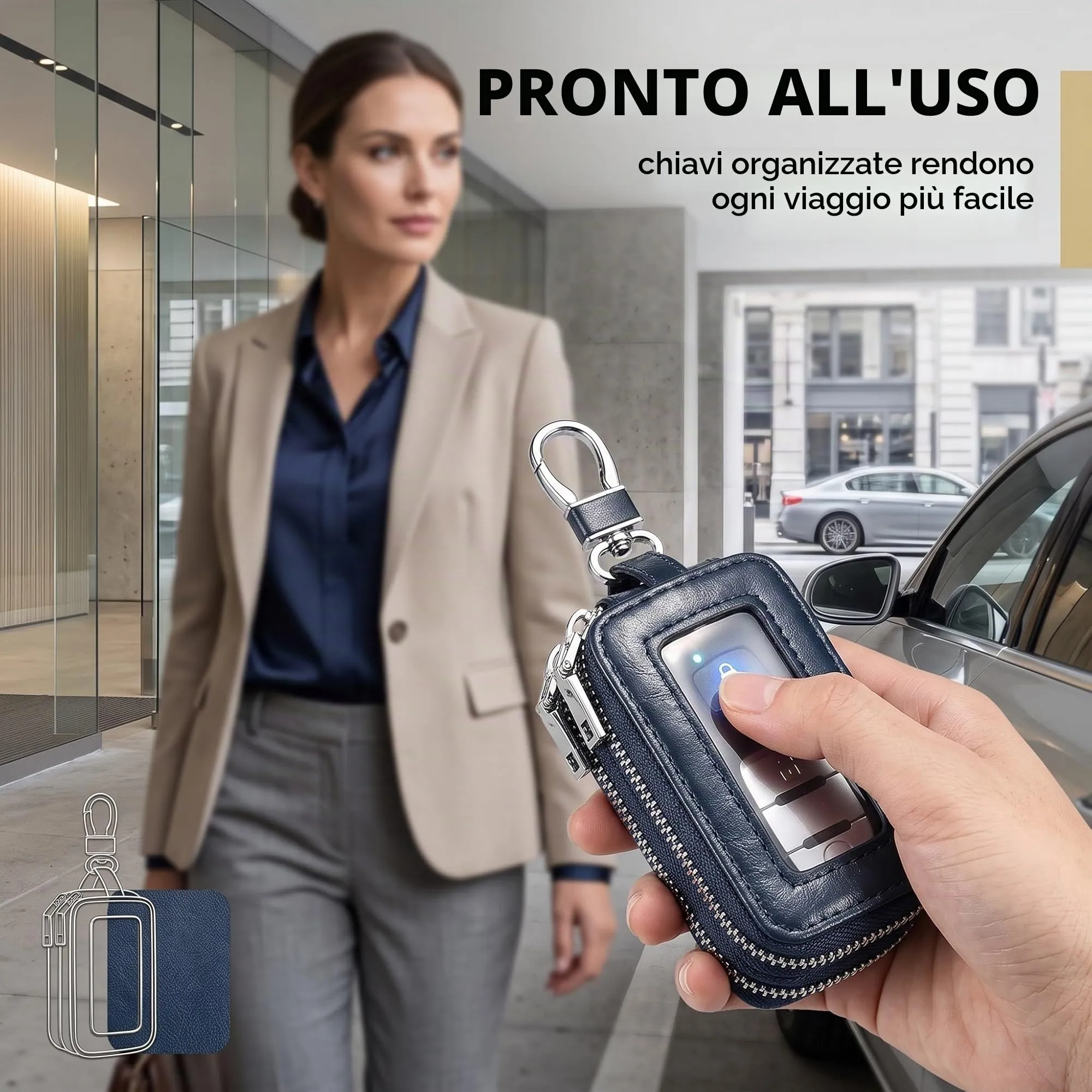 GWEOR Portachiavi in Pelle con Doppia Cerniera, Astuccio Portachiavi Auto per Uomo e Donna, Custodia Telecomando Cancello Universale con Gancio in Metallo, Blu Reale - immagine 3