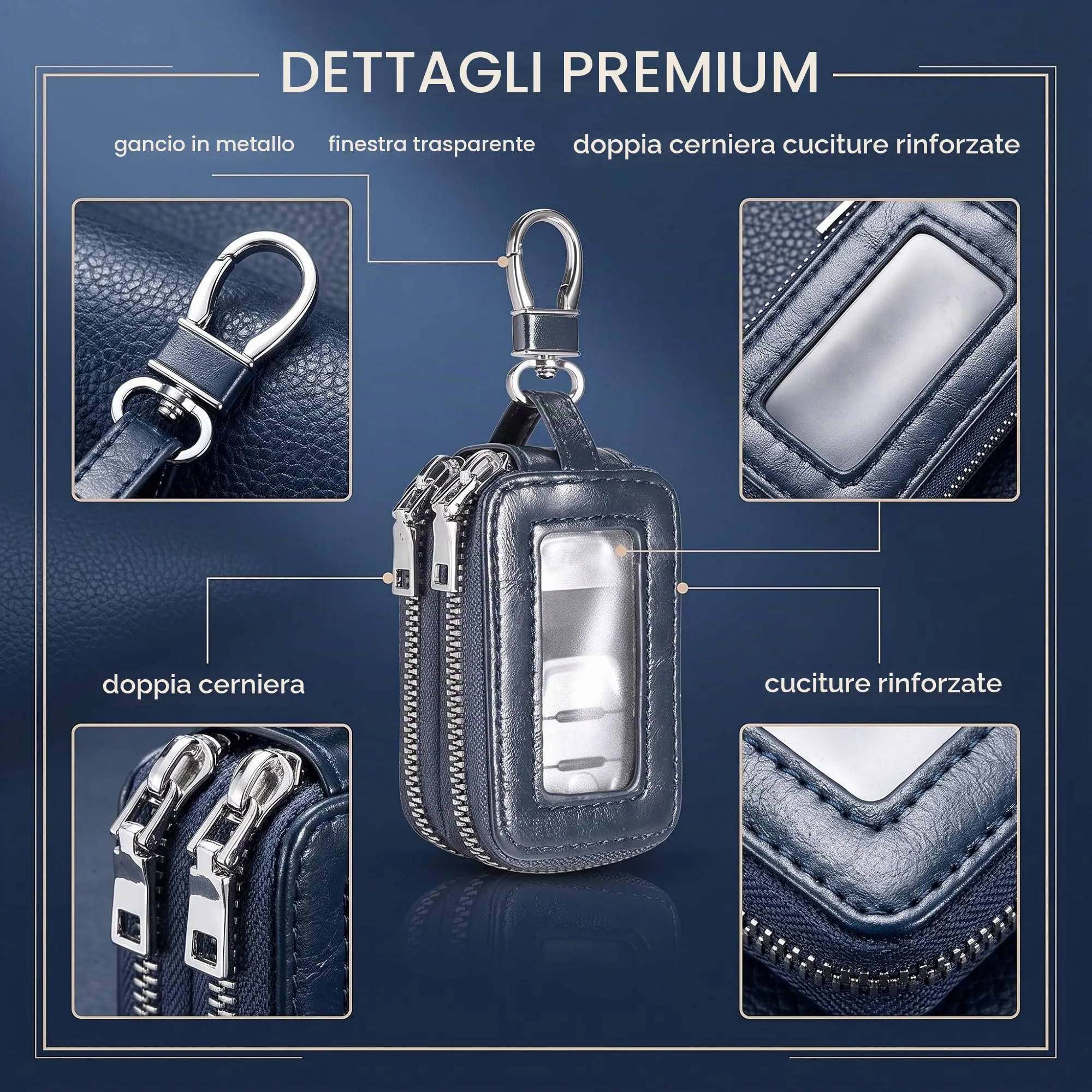 GWEOR Portachiavi in Pelle con Doppia Cerniera, Astuccio Portachiavi Auto per Uomo e Donna, Custodia Telecomando Cancello Universale con Gancio in Metallo, Blu Reale - immagine 4