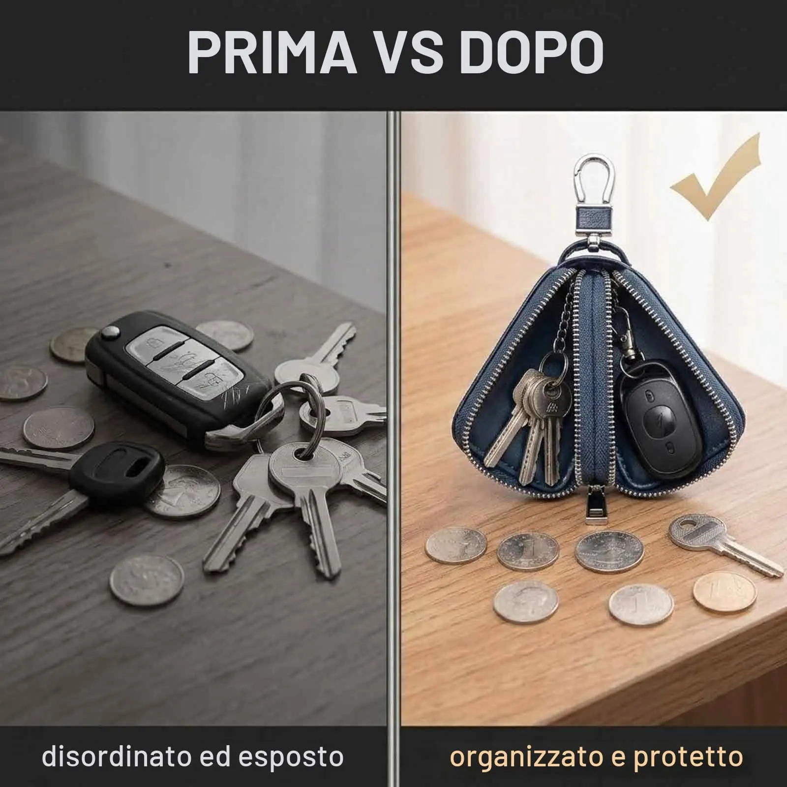 GWEOR Portachiavi in Pelle con Doppia Cerniera, Astuccio Portachiavi Auto per Uomo e Donna, Custodia Telecomando Cancello Universale con Gancio in Metallo, Blu Reale - immagine 5