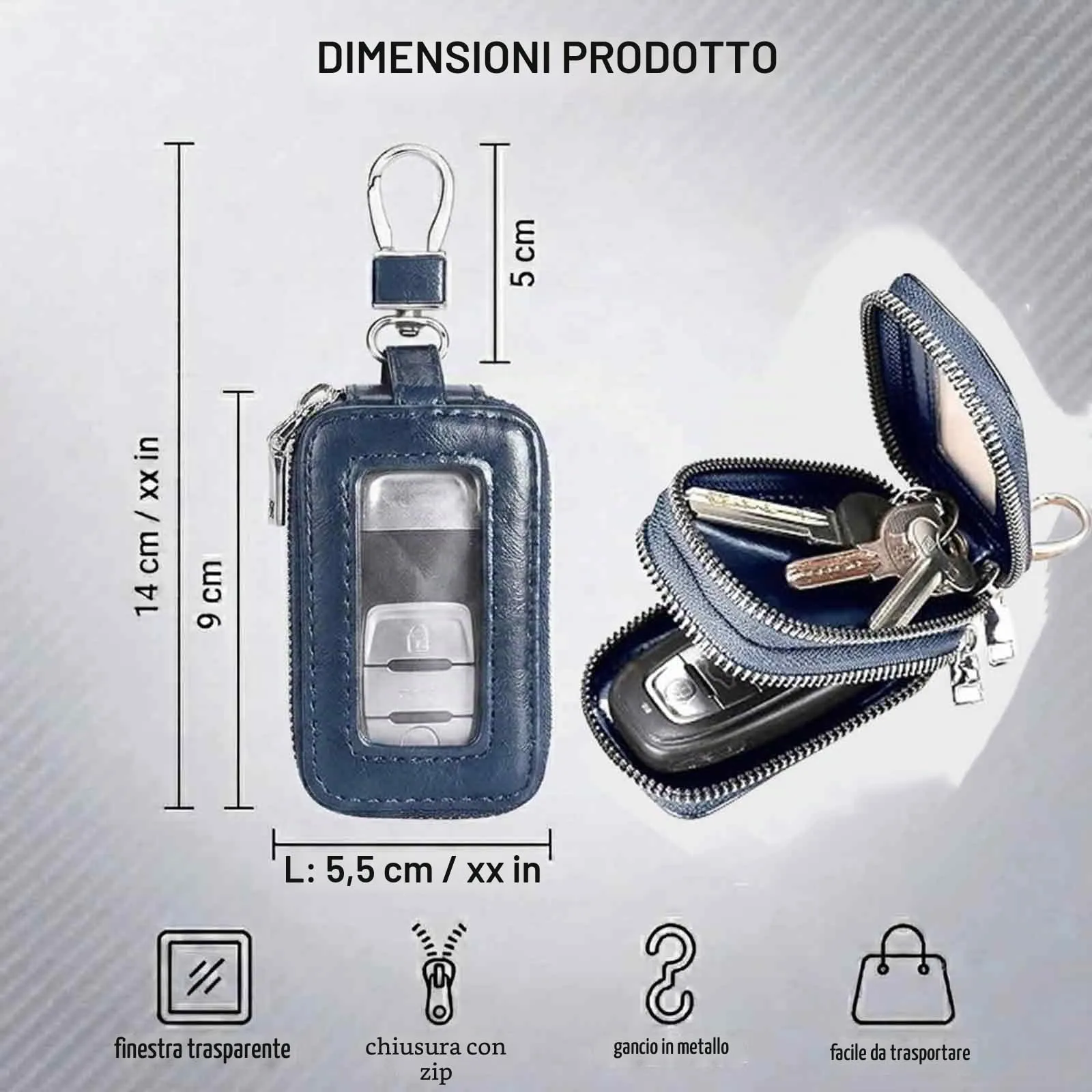 GWEOR Portachiavi in Pelle con Doppia Cerniera, Astuccio Portachiavi Auto per Uomo e Donna, Custodia Telecomando Cancello Universale con Gancio in Metallo, Blu Reale - immagine 6
