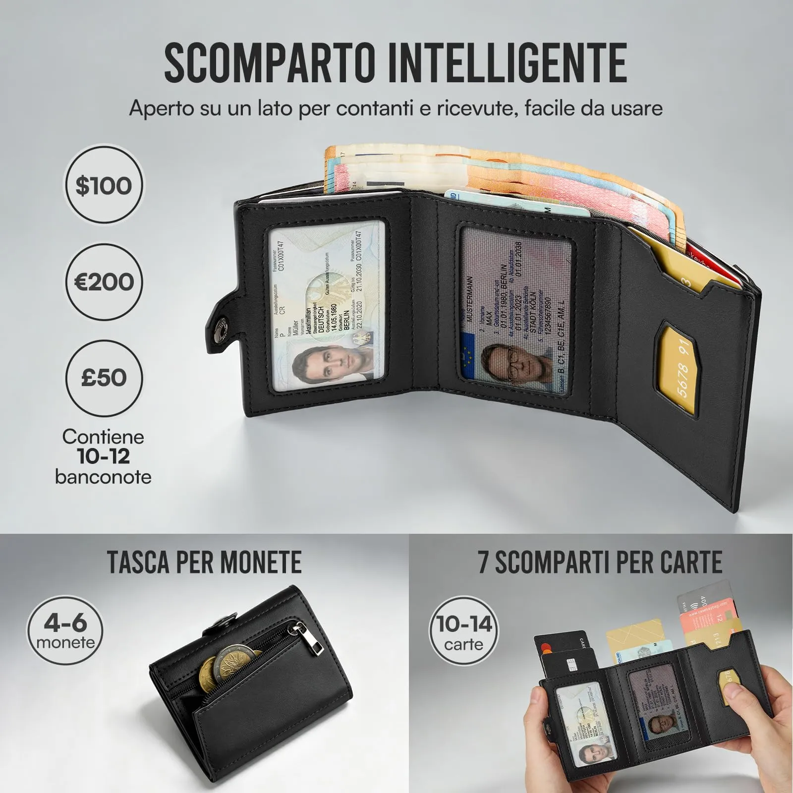 Slimwalt Portafoglio Uomo Spinta Carte a Dito, Portacarte per 14 Posti Carte, Protezione RFID Sottile per Lavoro Viaggio Regalo, Nero - immagine 5