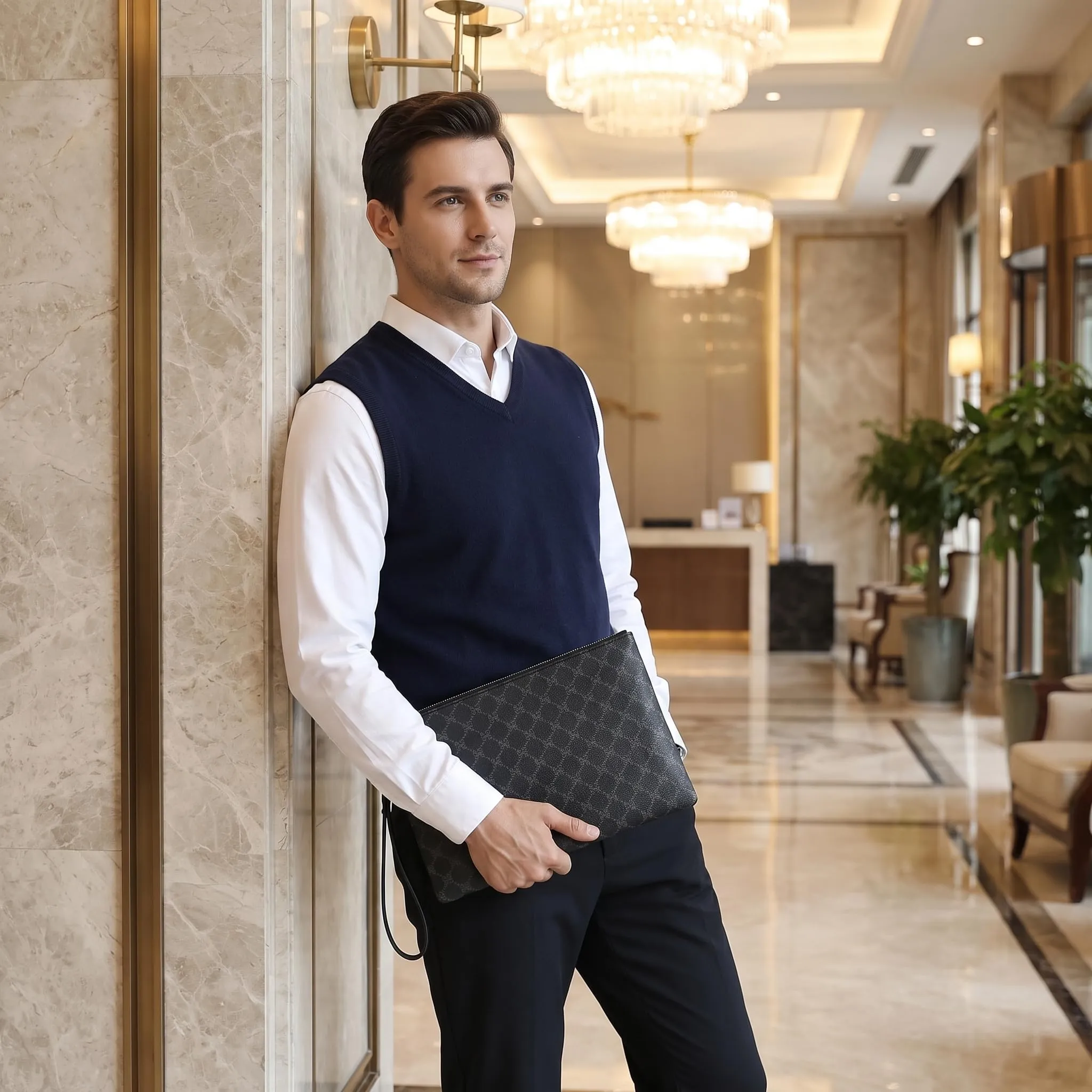 Pochette Da Lavoro 1 Pezzo, Portafoglio Da Uomo In Pelle, Custodia Per Monete, Adatta Per Riporre Telefoni Cellulari, Carte E Quaderni. - immagine 3