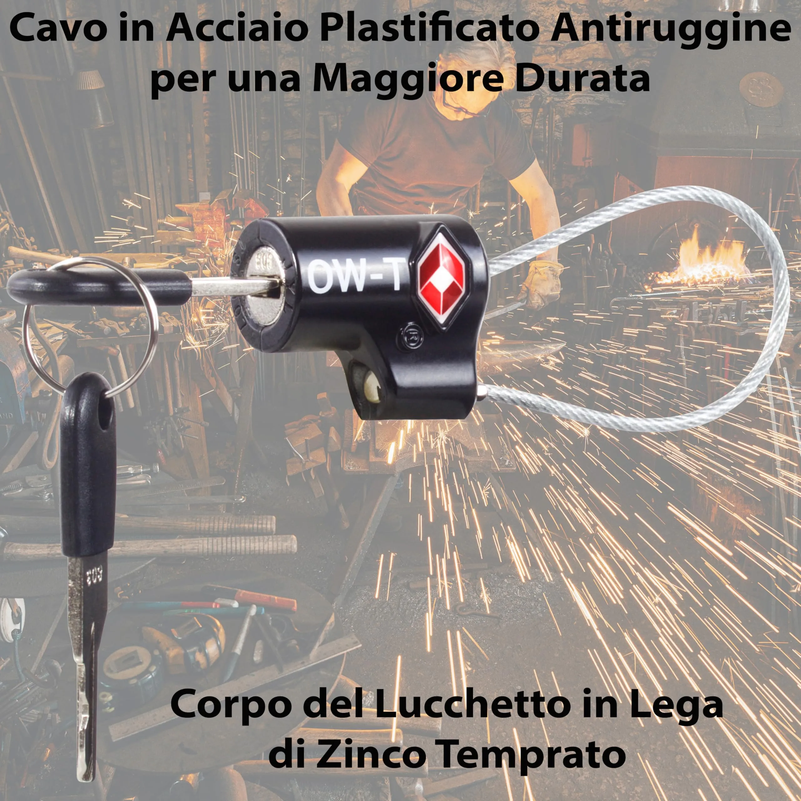 OW-Travel Lucchetto TSA con Cavo e Chiave, Lucchetto Valigia, Nero 1 Pz - immagine 6