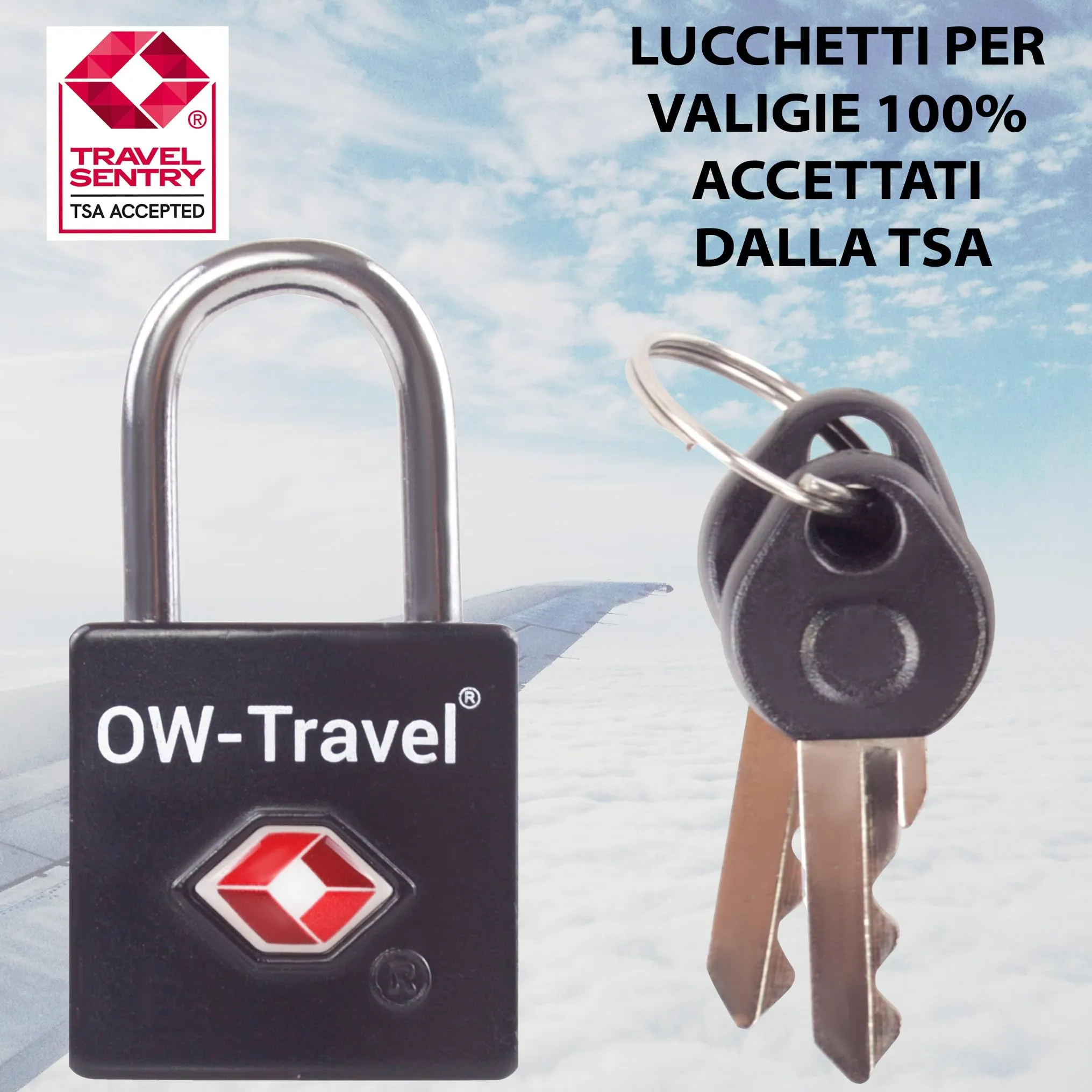 OW-Travel Lucchetto per Valigia con Chiave, Lucchetto TSA USA, Nero 1 Pz - immagine 4