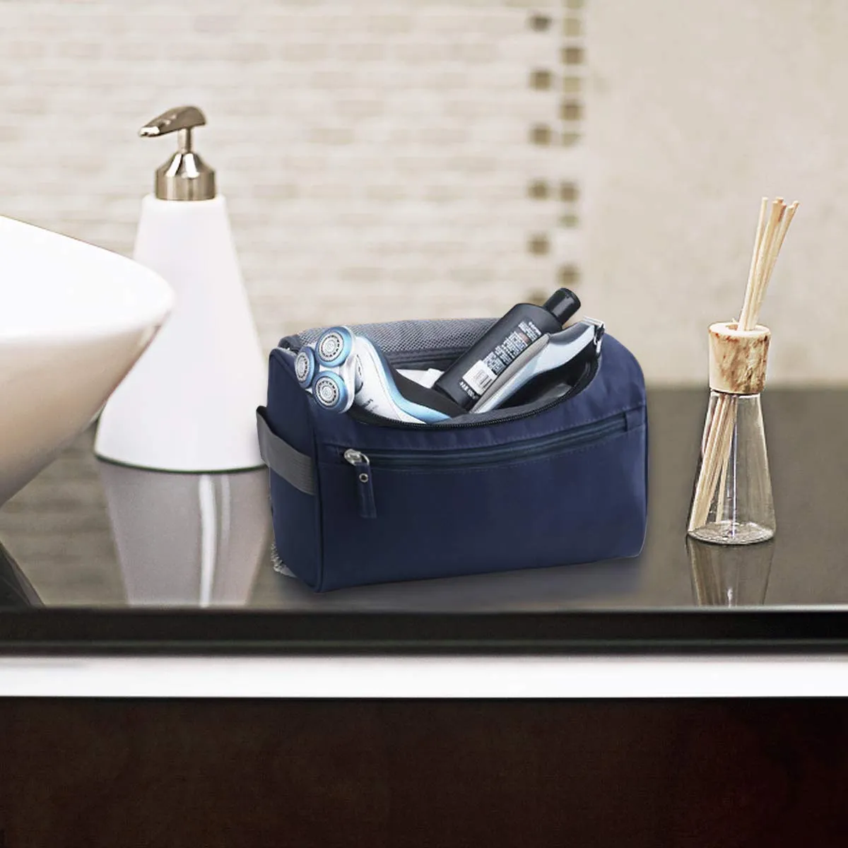 Beauty Case da Viaggio Uomo Donna Borsa da Toilette da Appendere Borsa da Viaggio Con Gancio Impermeabile Da Bagno Portatile Organizer da Viaggio Pochette Make Up Trucchi Cosmetici Nero - immagine 7
