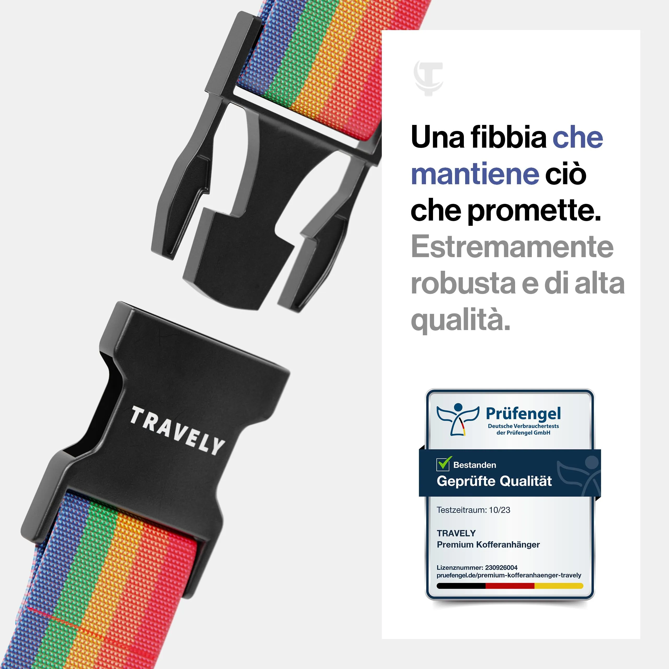 Travely® Premium cinghia per valigia - particolarmente accattivante e sicura, con 2 targhette per nome, ideale incrociata, set da 2 pezzi, multicolore - immagine 2