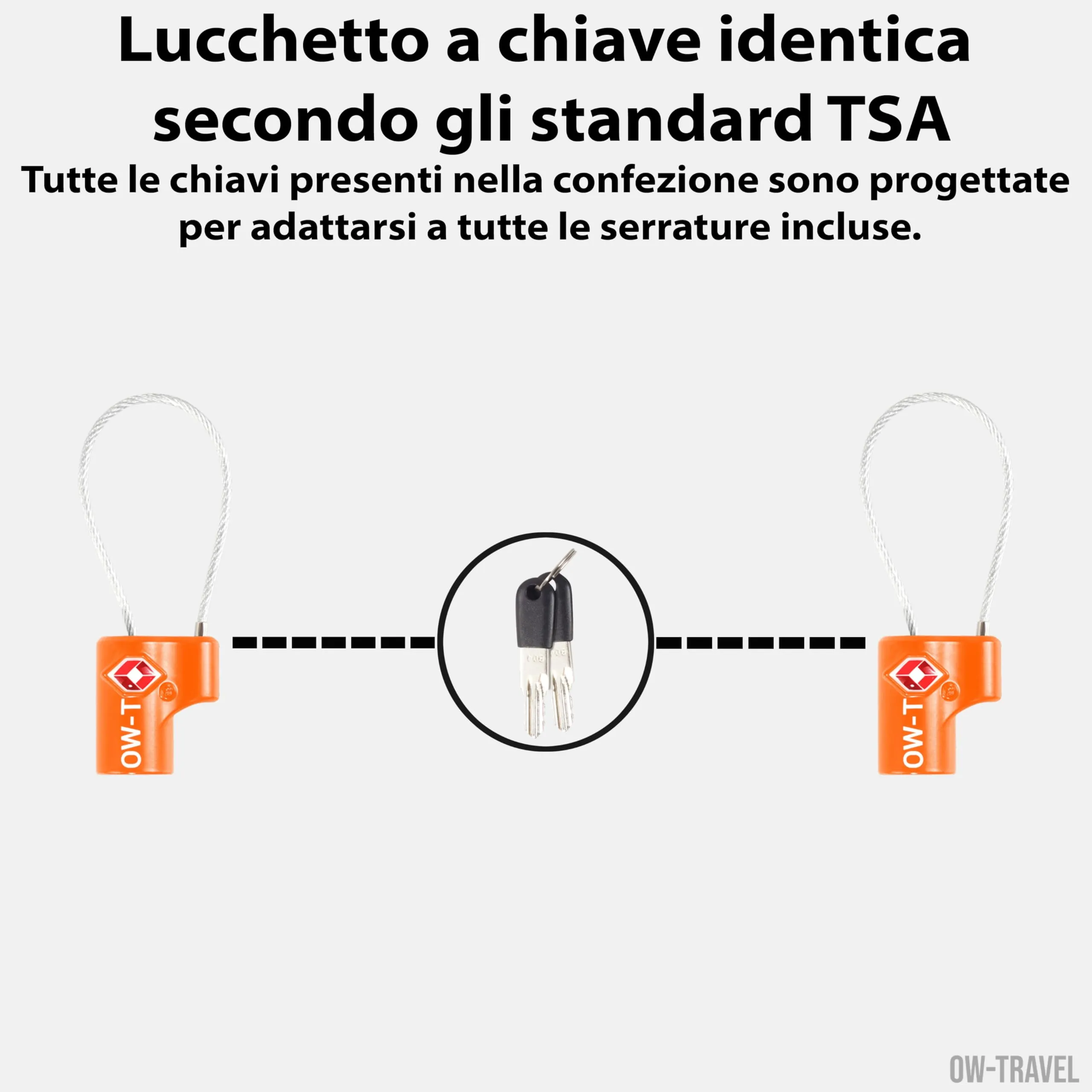 OW-Travel Lucchetto TSA con Cavo e Chiave, Lucchetti Valigia Arancione 2 Pz - immagine 3