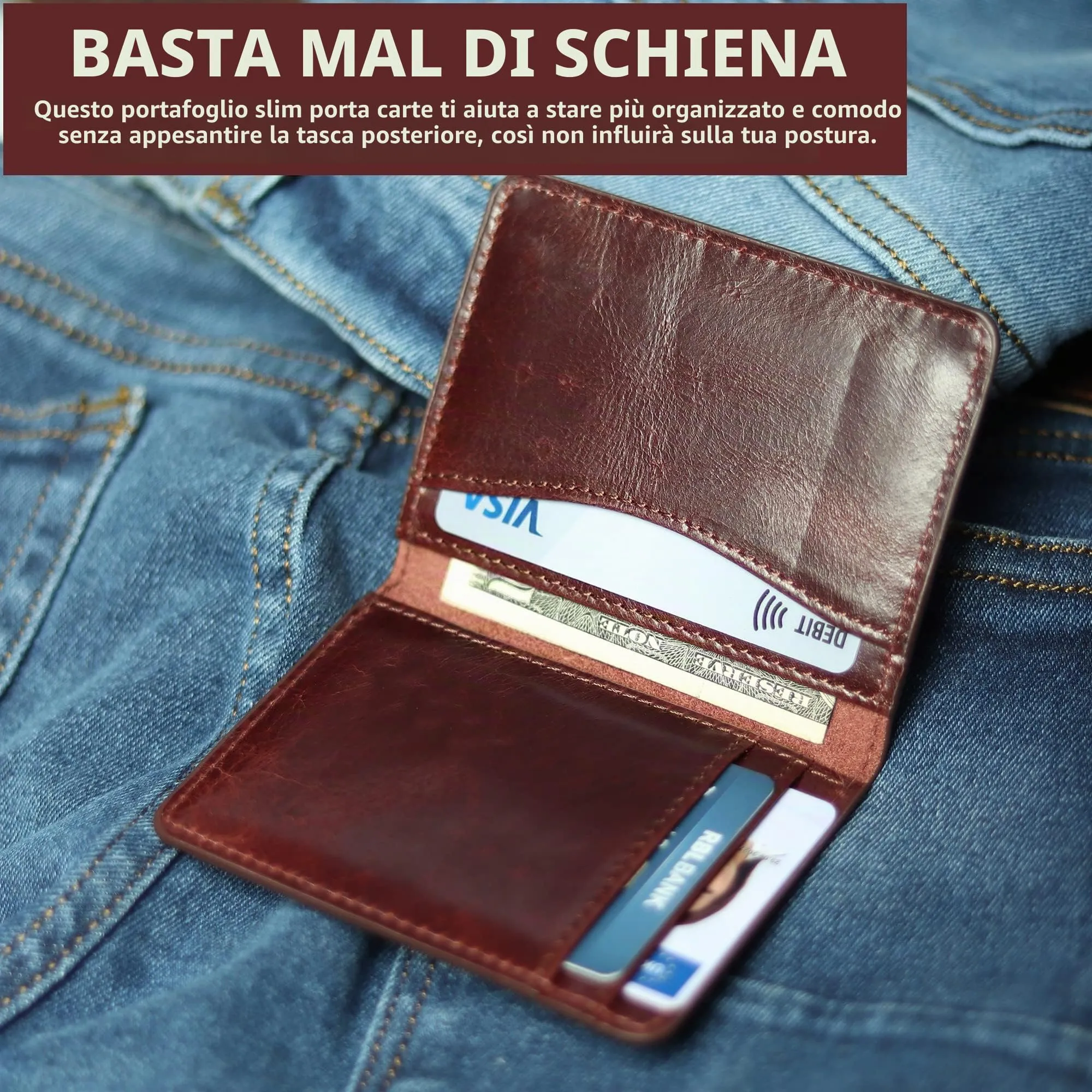 FOXHACKLE Portafoglio in pelle per biglietti da visita, fatto a mano, sottile, per carte di credito, da uomo - Marrone - Taglia unica - immagine 4