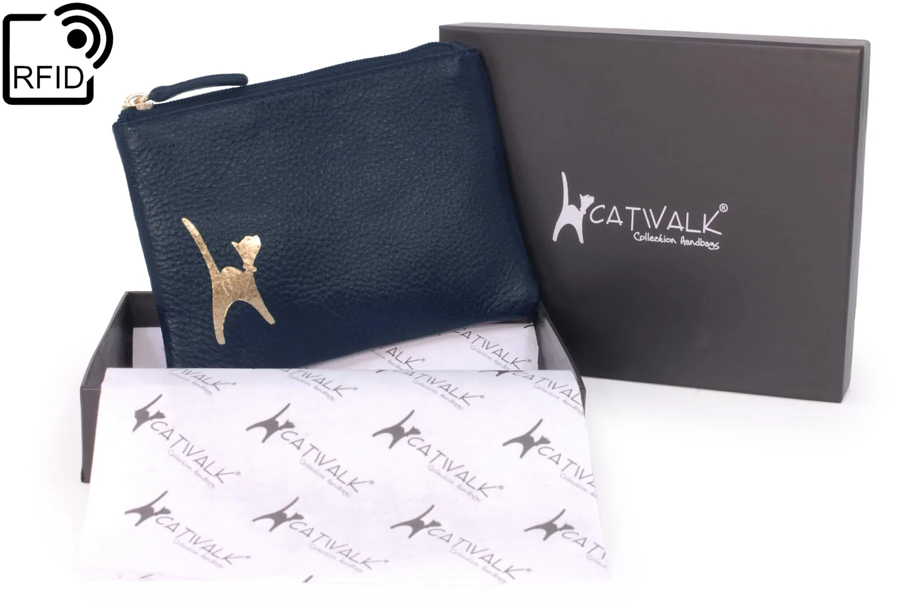 Catwalk Collection Handbags - Portamonete Piccolo in Pelle - Borsellino Donna - Mini Portafoglio - Protezione RFID - Scatola Regalo - Mimi - Blu Oro - immagine 3