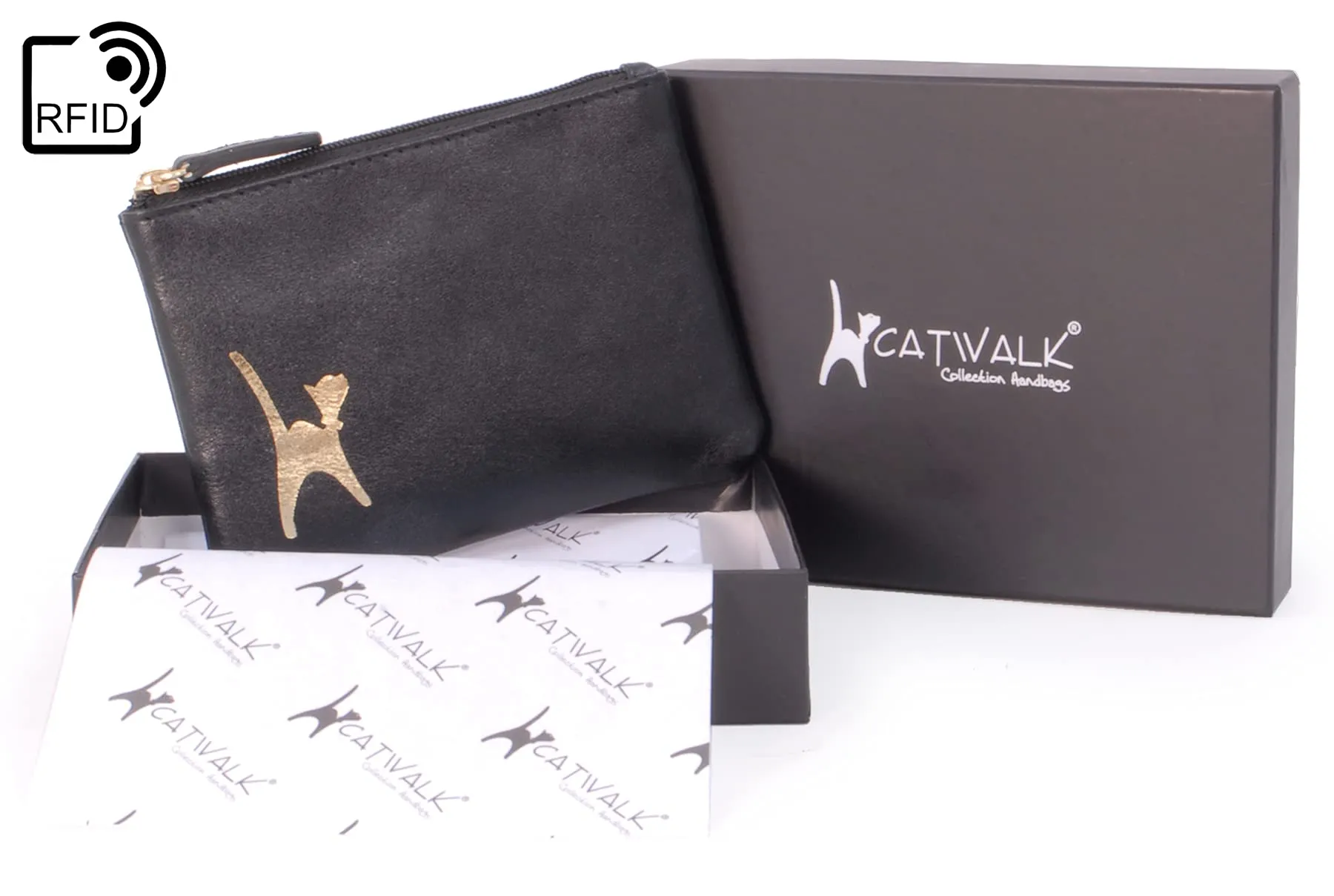 Catwalk Collection Handbags - Portamonete Piccolo in Pelle - Borsellino Donna - Mini Portafoglio - Protezione RFID - Scatola Regalo - Mimi - Nero Oro - immagine 3